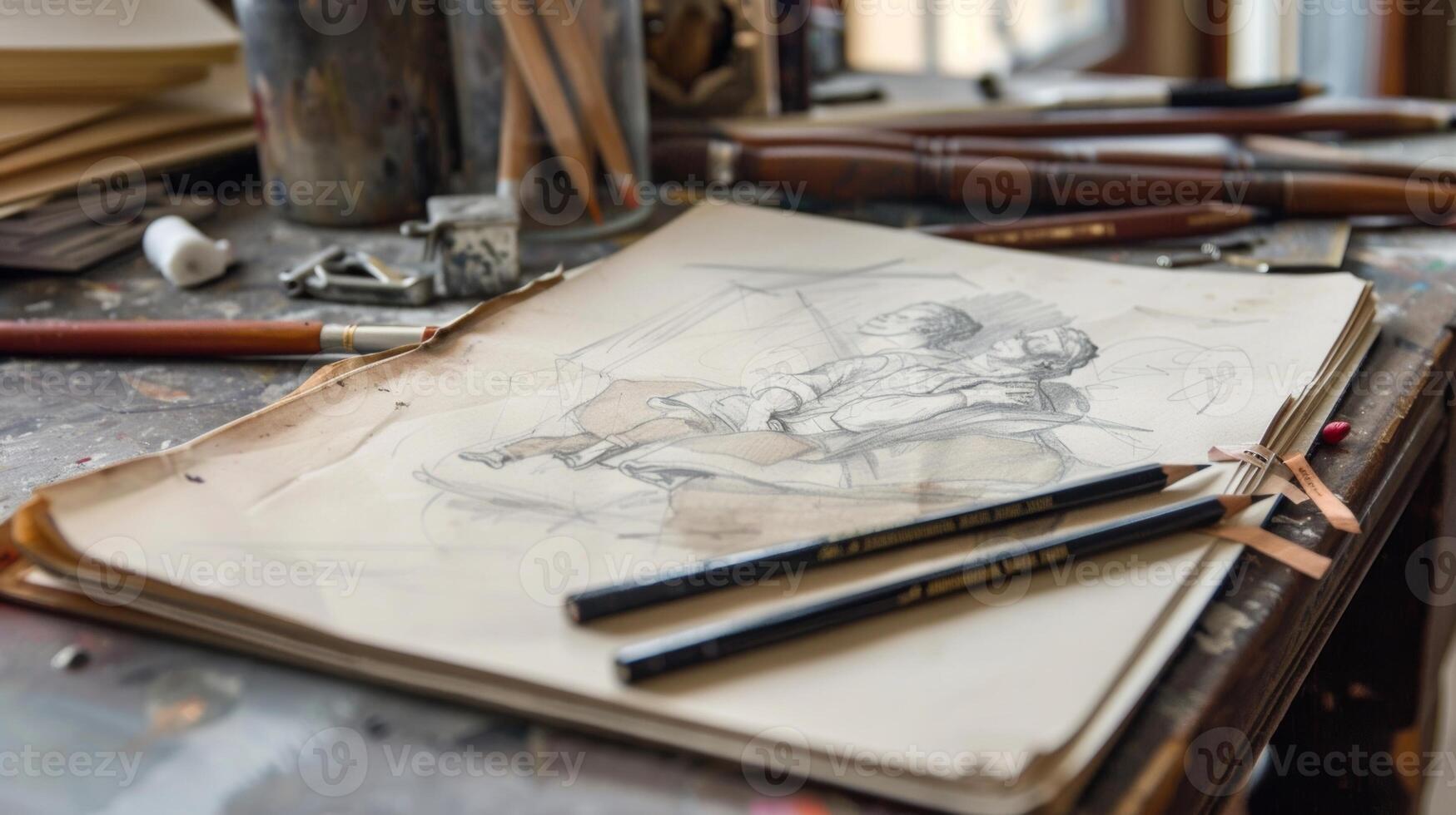 A wellworn sketchbook filled with delicate pencil drawings and charcoal sketches showcasing the versatility of highend drawing supplies photo