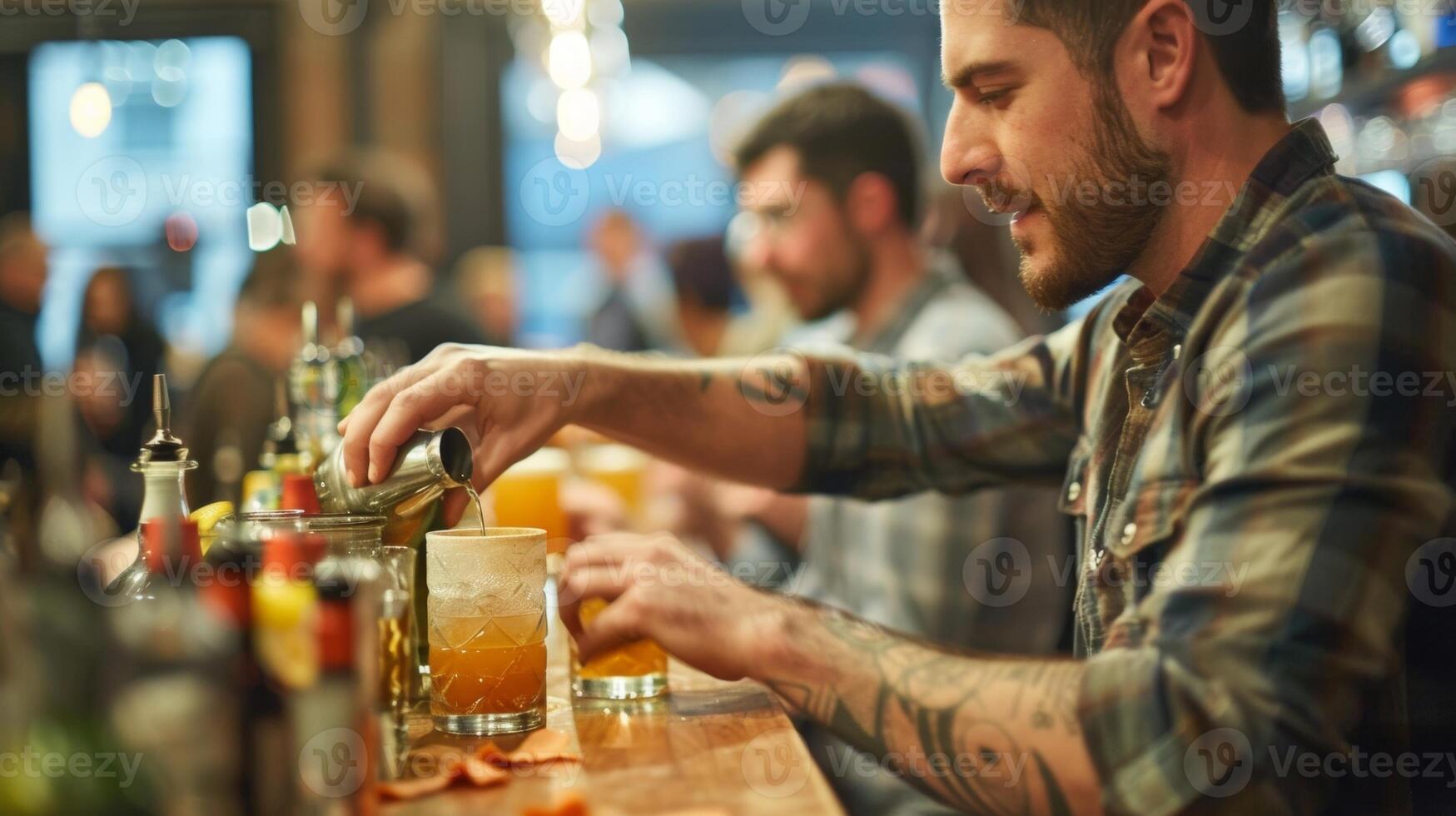 A mixologist carefully concocts a unique cocktail using homemade ingredients as guests eagerly wait to sample during a lively craft cocktail hour photo