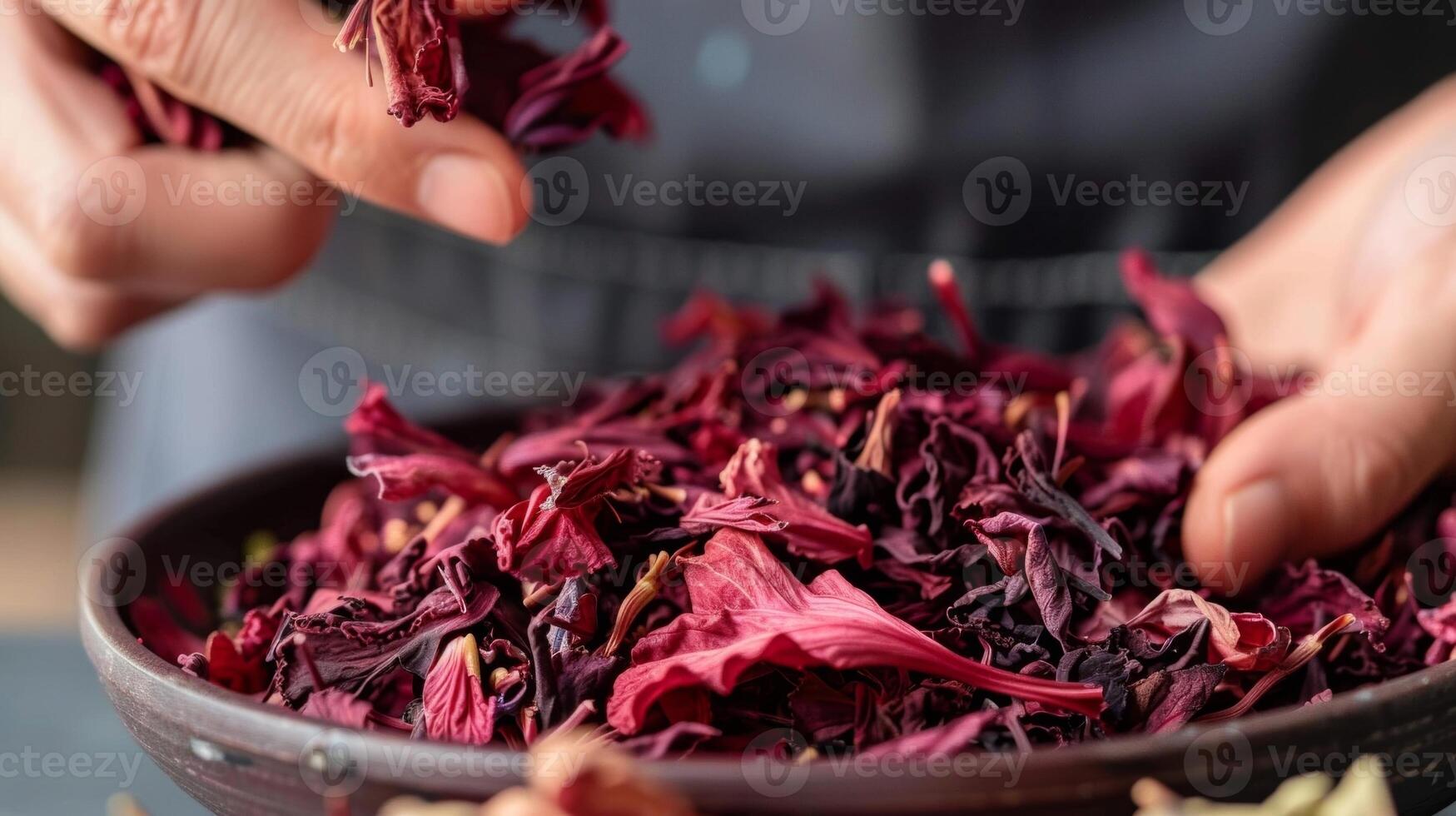A person sniffing a dried hibiscus flower to determine its freshness for brewing photo