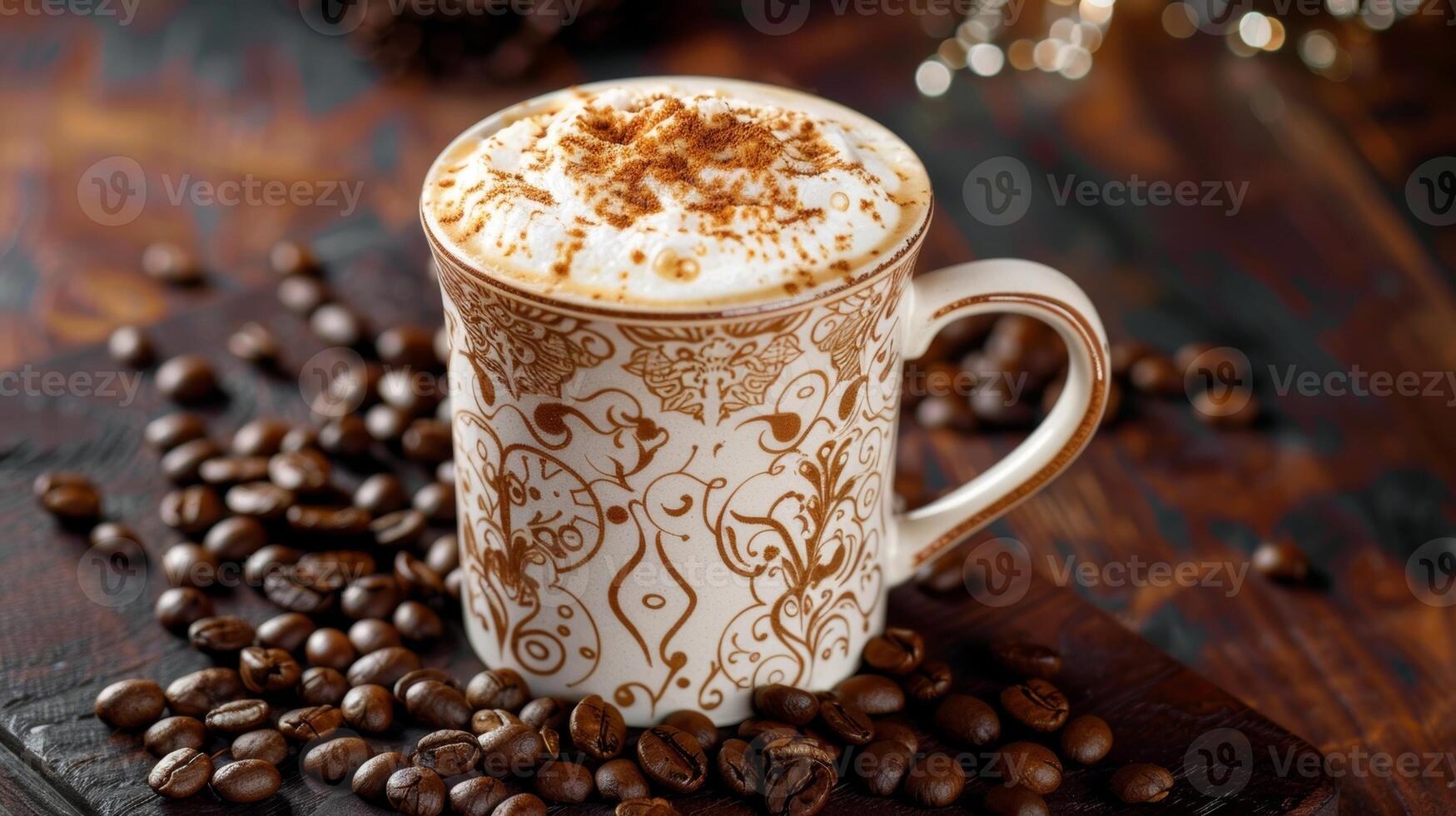 A mug with delicate patterns on it filled with frothy cappuccino and surrounded by tered coffee beans photo