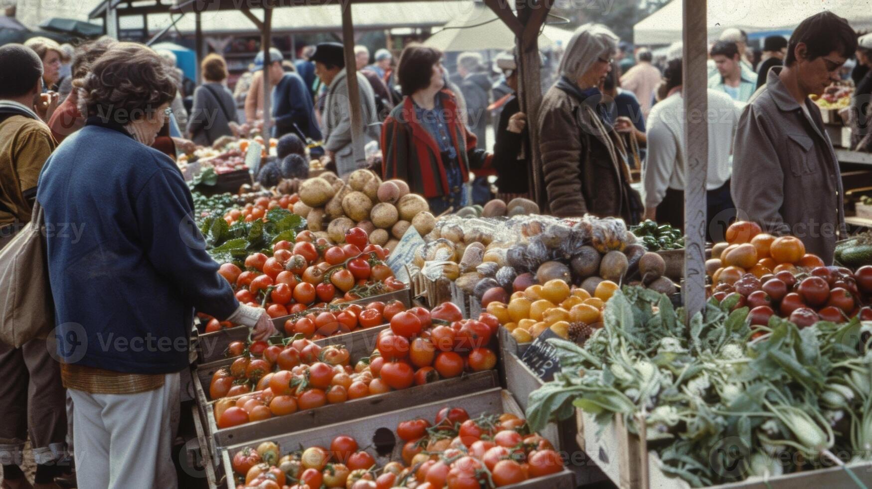 A bustling crowd perusing tables of locally grown produce photo