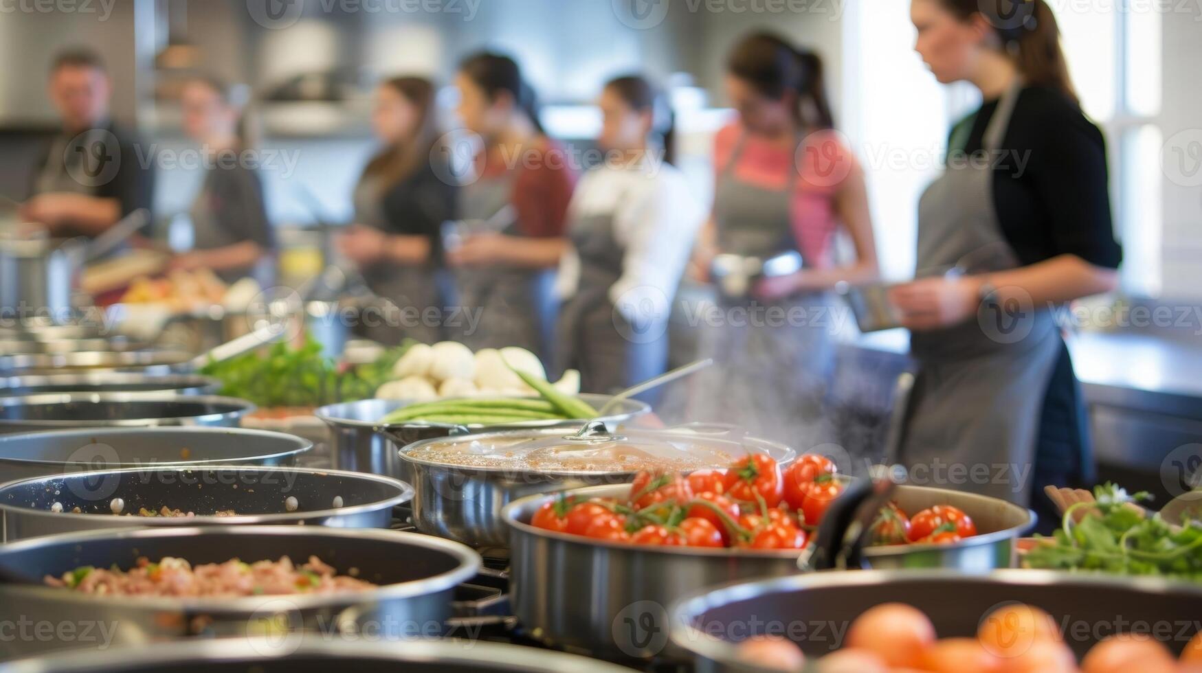 A cooking class setting with students attentively watching their instructor demonstrate the art of making a rich and flavorful stock photo