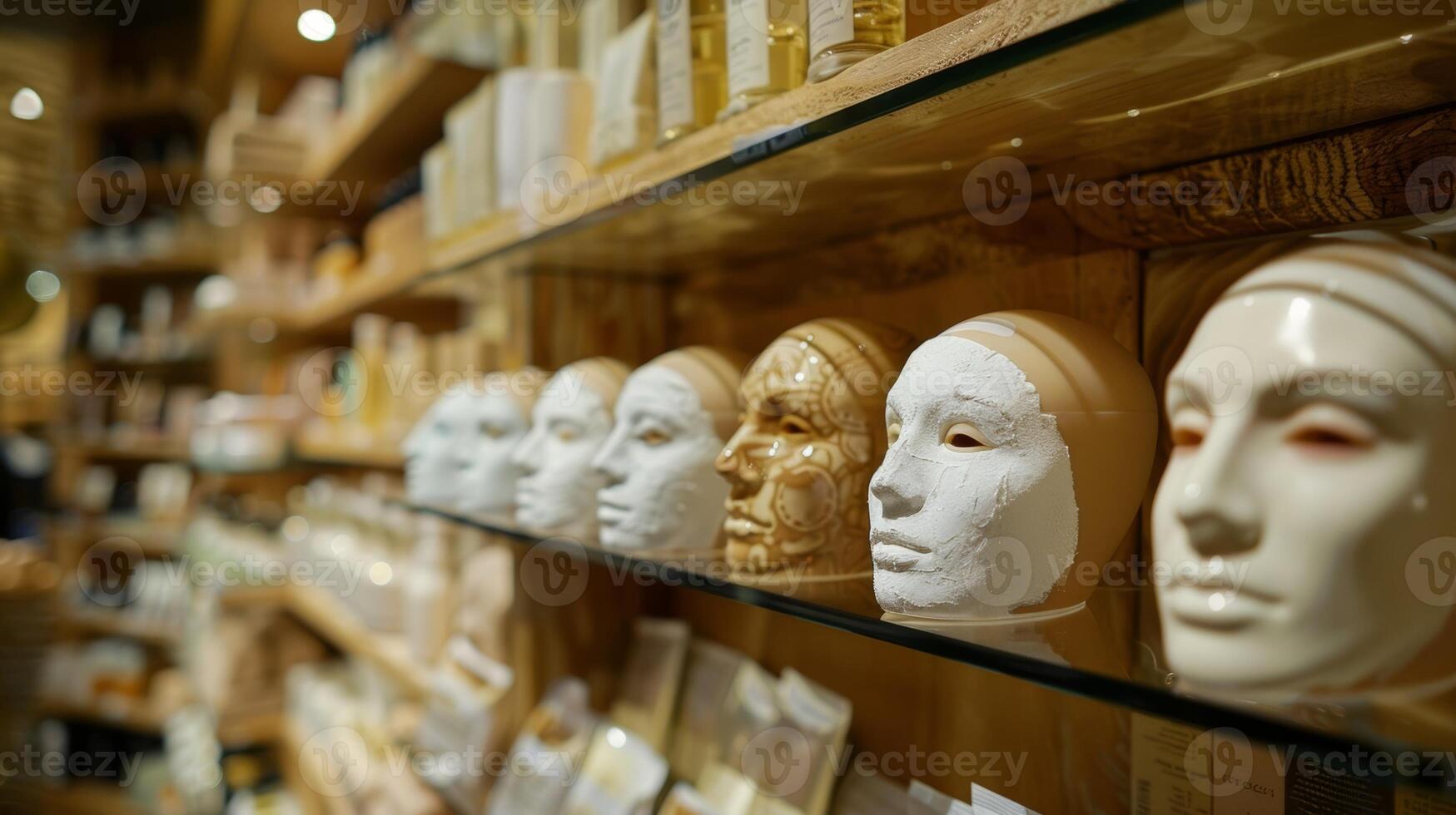 A set of luxurious face masks are displayed on a shelf waiting to be used as a weekly treat for the skin photo