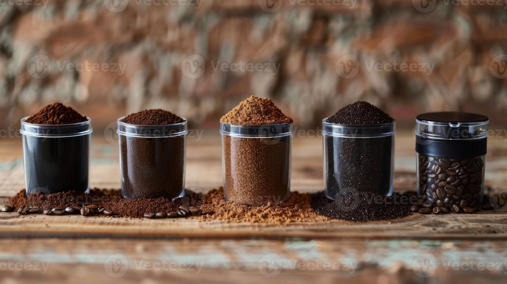 A lineup of different grind sizes labeled for French press pourover and espresso brewing ods showcasing the versatility and customization of freshly ground coffee photo