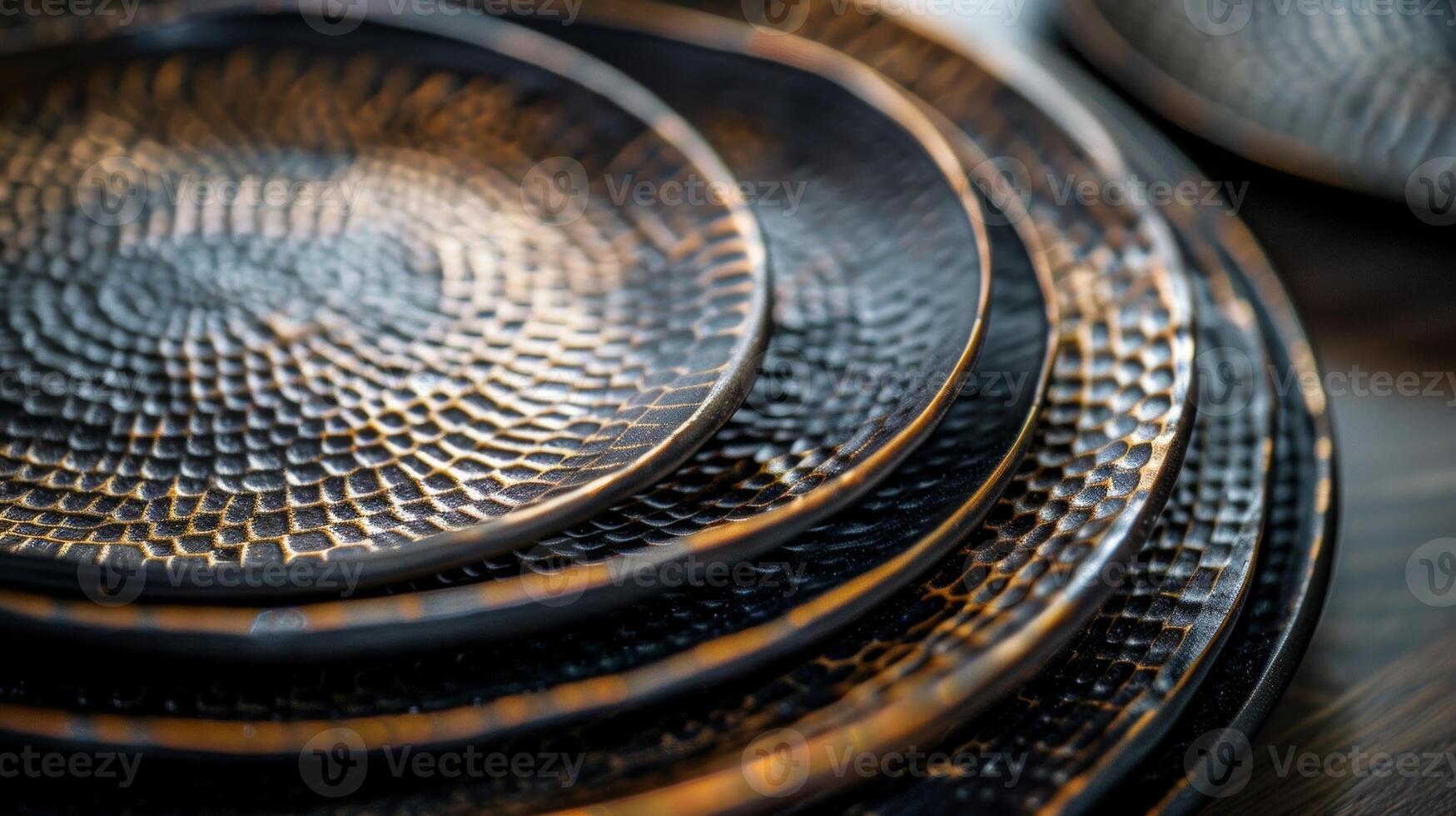 A set of decorative serving platters each with its own unique pattern and texture perfect for a fancy dinner party photo