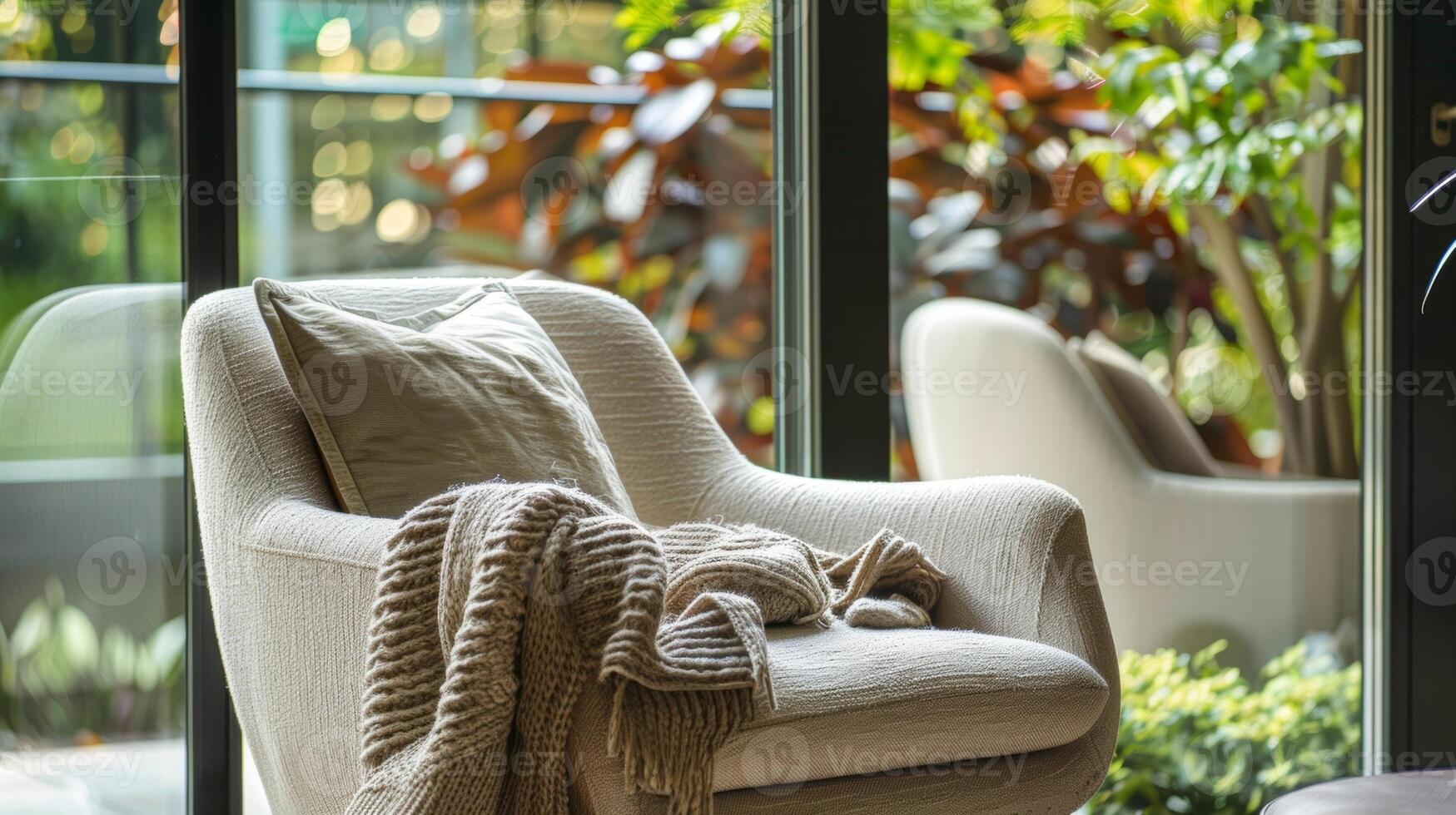 un acogedor leyendo esquina para dos con un segundo Sillón y un compartido cobija para un parejas escapar dentro un bueno libro foto