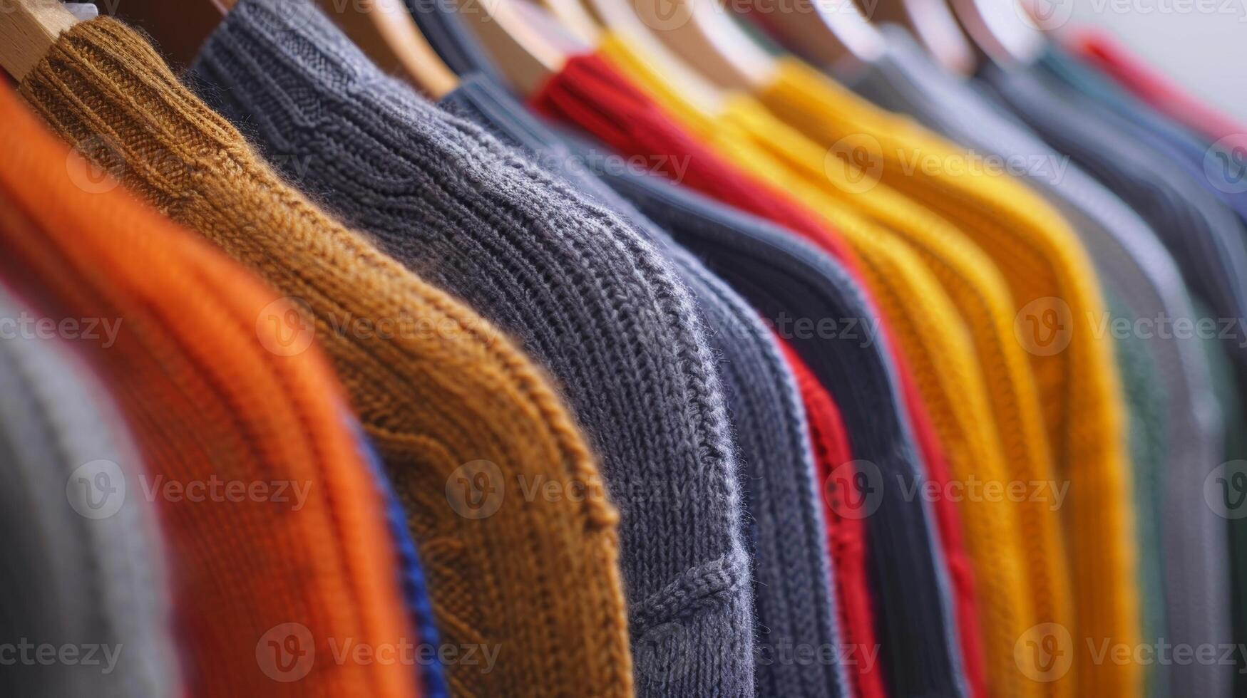 A luxurious cashmere sweater still bearing its original price tag hangs ast the rack of secondhand clothing its softness and quality standing out photo