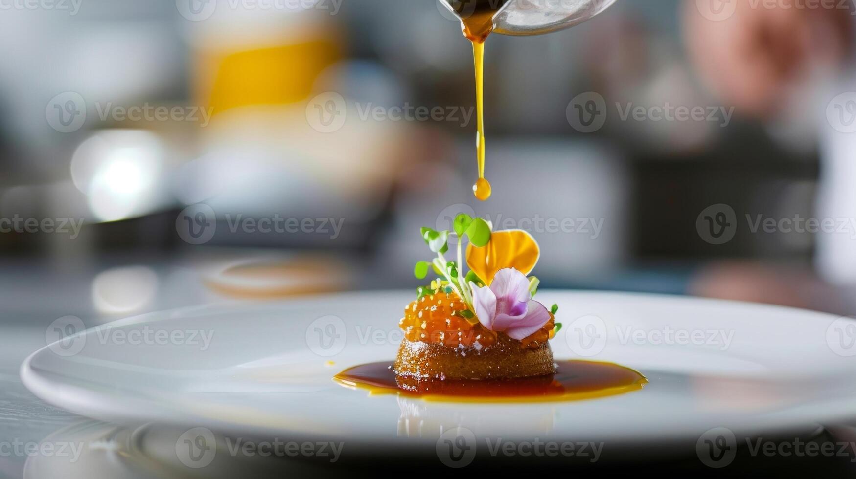 A dish being finished with a drizzle of intricate patterns made from sauces using techniques like spherification or emulsification photo