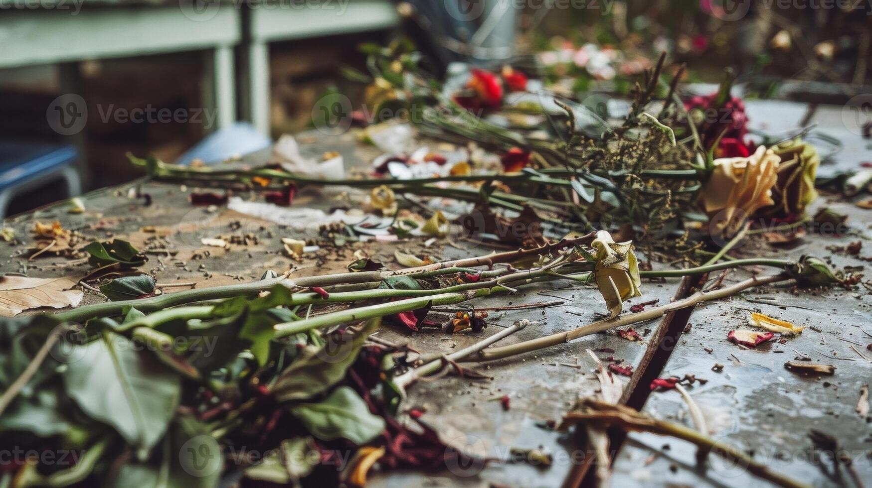 un mesa lleno de descartado tallos y hojas evidencia de el difícil trabajo y Dedicación ese va dentro elaboración un aspecto profesional floral arreglo foto