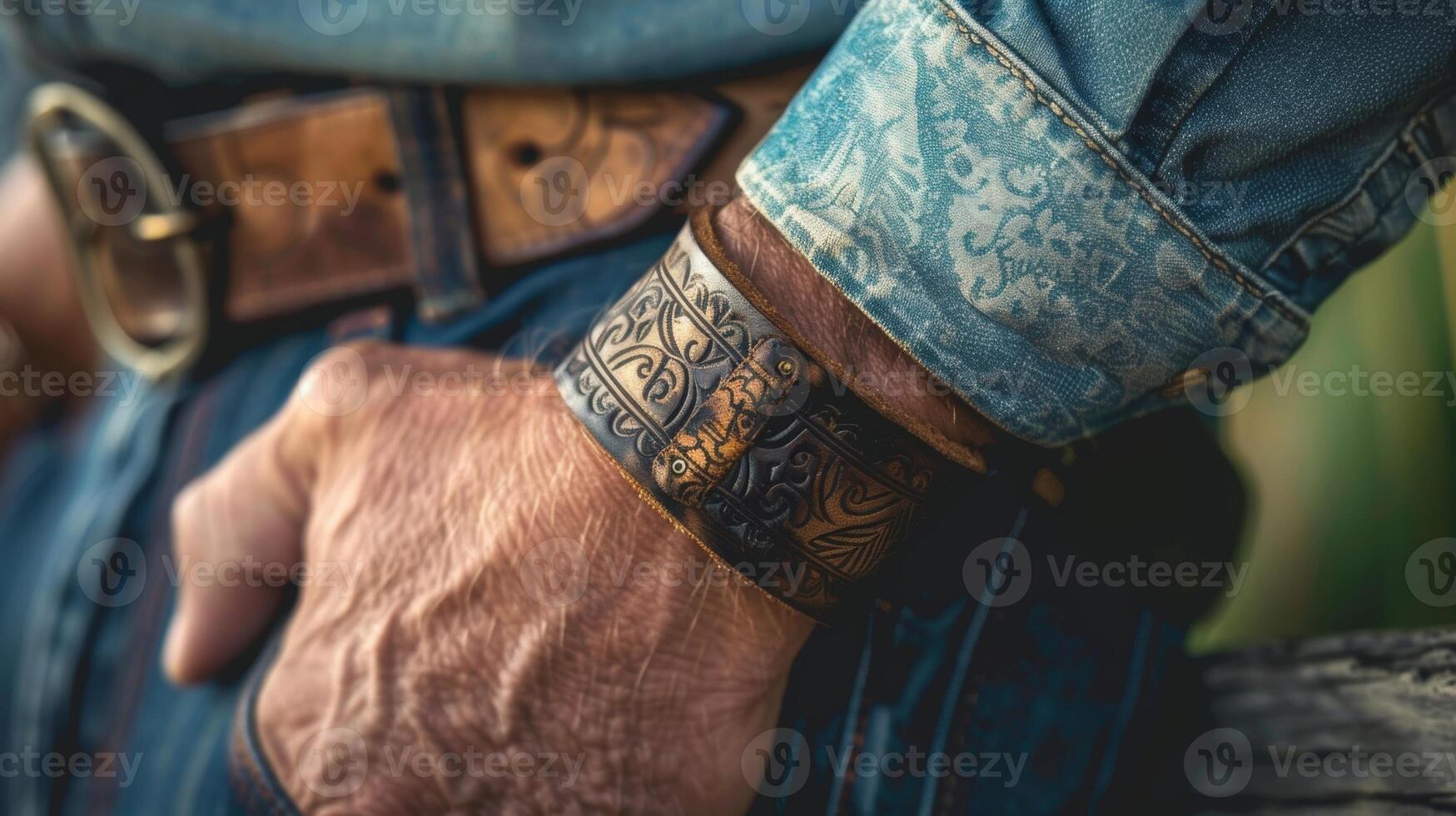 A man wearing a rustic leather cuff bracelet handcrafted with intricate etchings and clasps made from natural materials photo