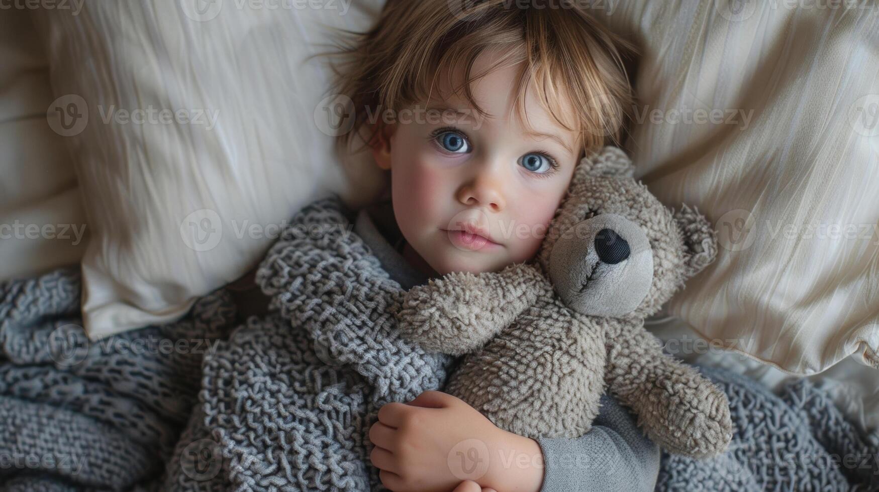 A toddler wrapped up in a cashmere throw cuddling with their favorite stuffed animal on a lazy Sunday morning photo