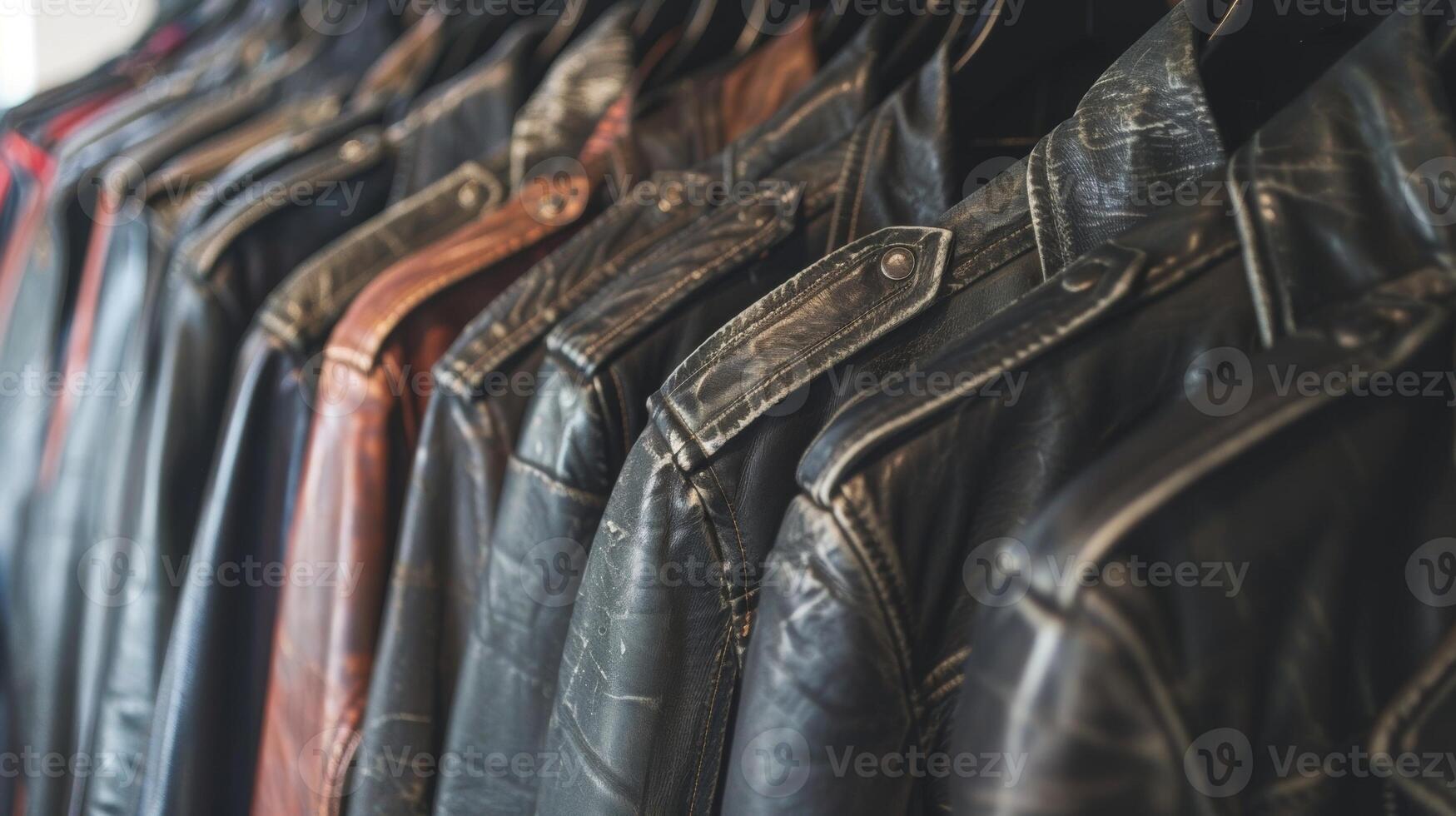 An iconic leather jacket with its effortless cool vibe and perfectly distressed look becomes a wardrobe staple for the finder and a bargain at the thrift store price photo