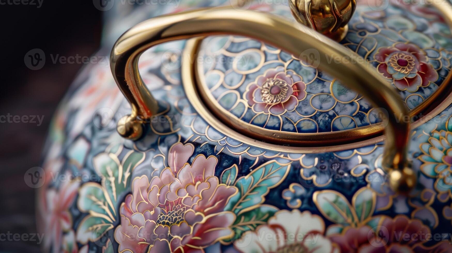 A closer look at a teapot intricately designed with floral patterns and a gold handle photo