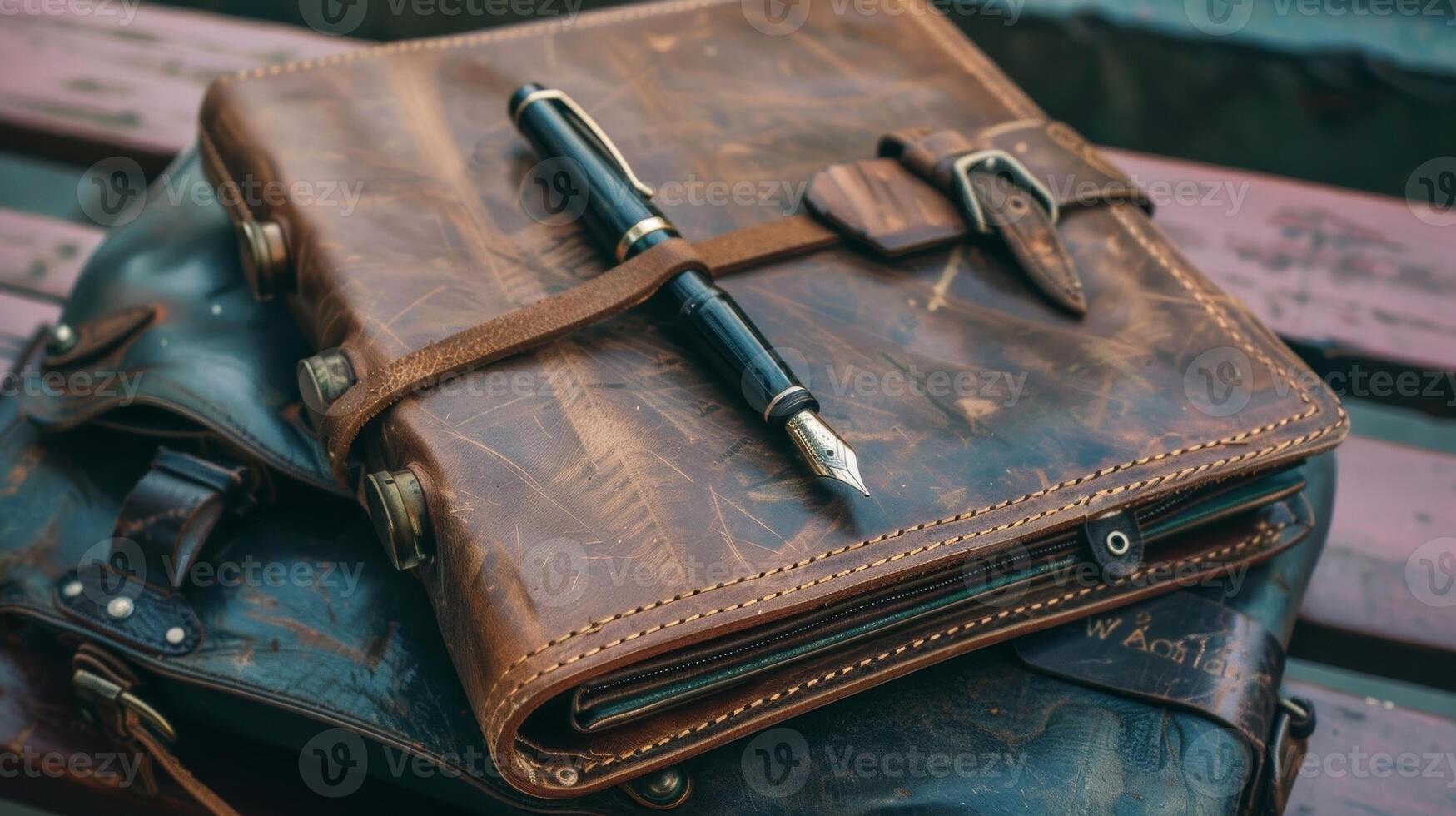 A rustic leather travel journal and fountain pen are strategically packed in a travelfriendly briefcase allowing the traveler to document their luxurious adventures in style photo