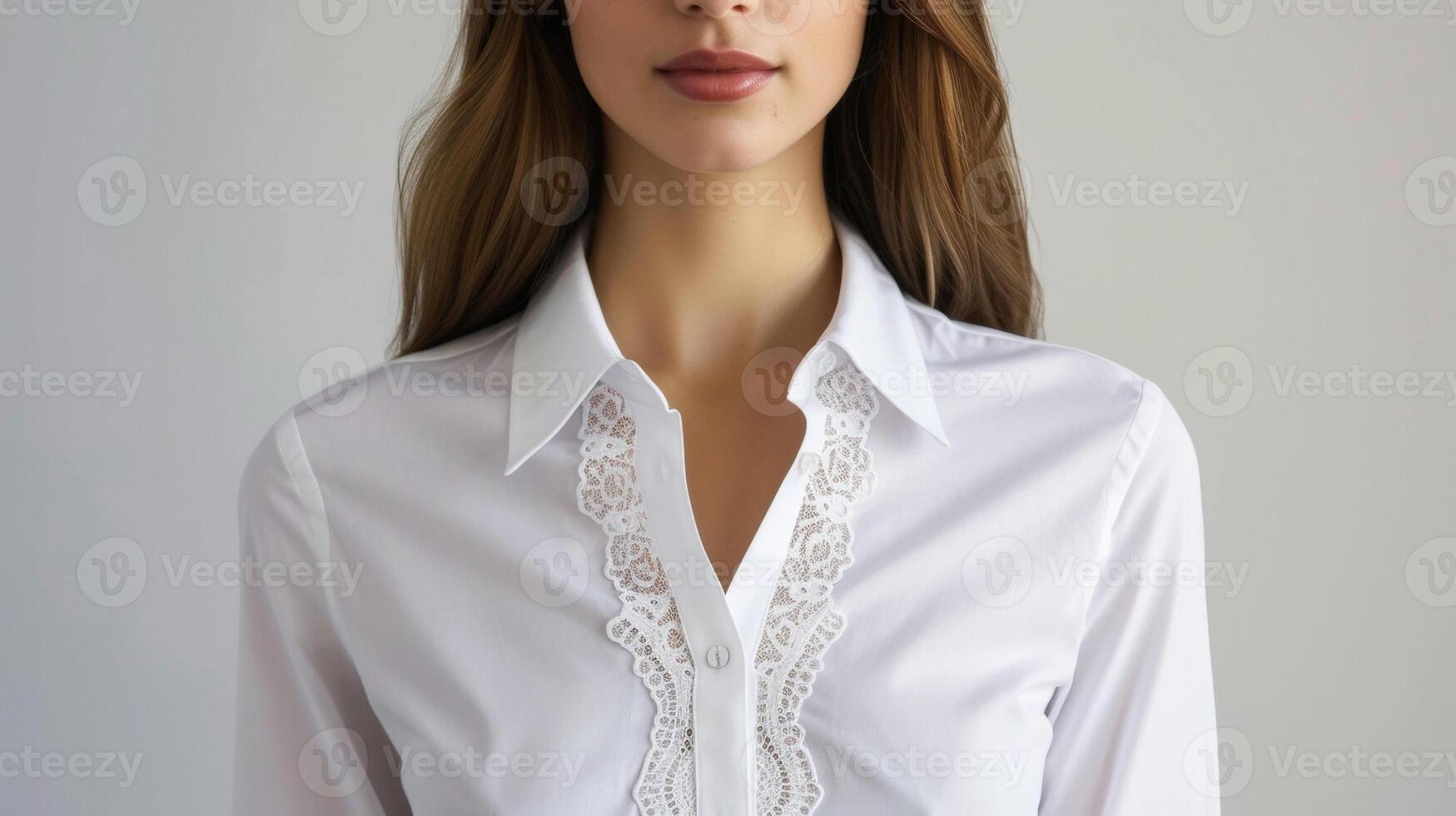 A simple white buttondown shirt elevated by handsewn lace detailing around the collar and cuffs ideal for a sophisticated office look photo