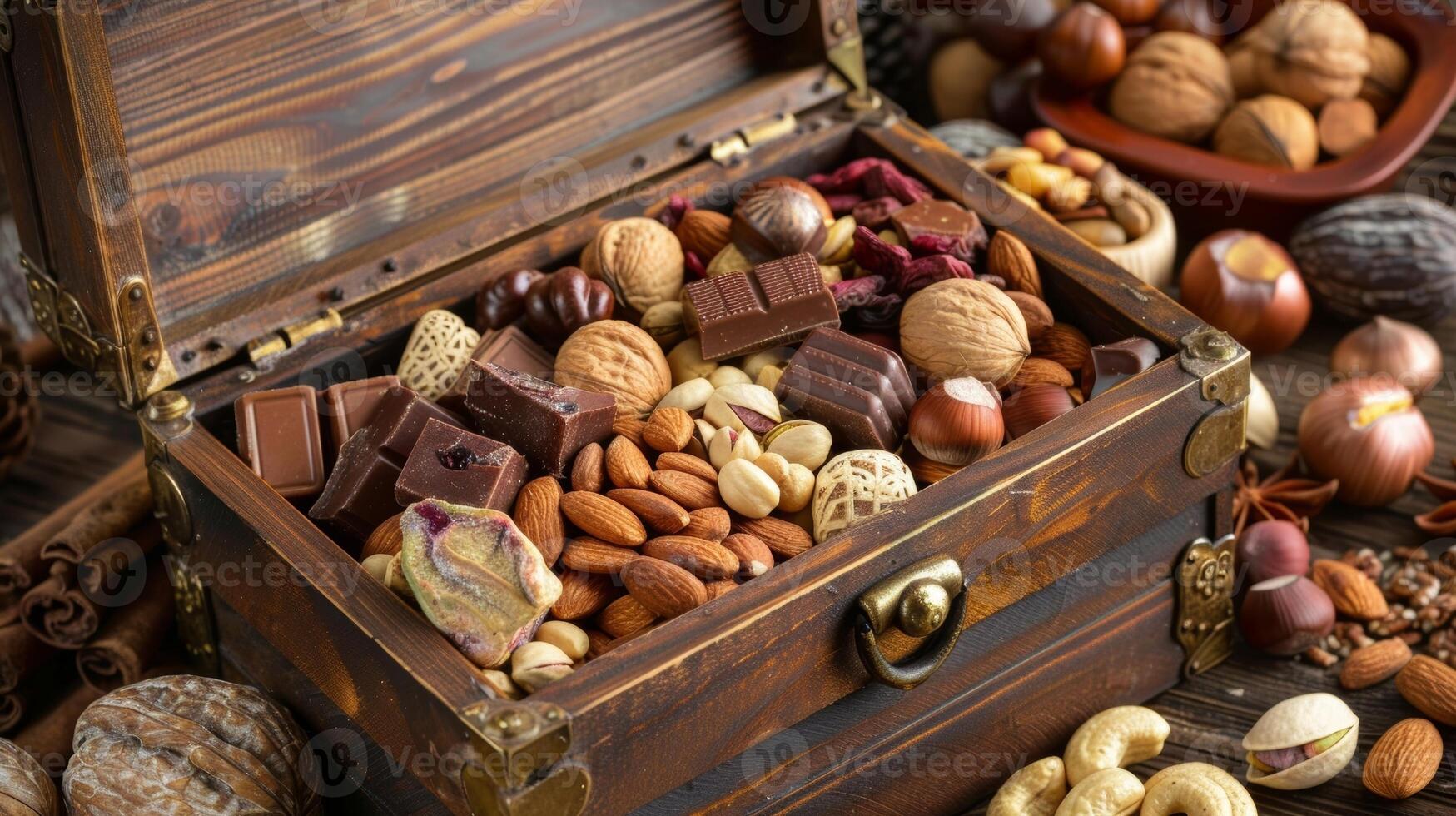 A wooden chest overflowing with an assortment of gourmet nuts dried fruits and artisanal chocolates photo