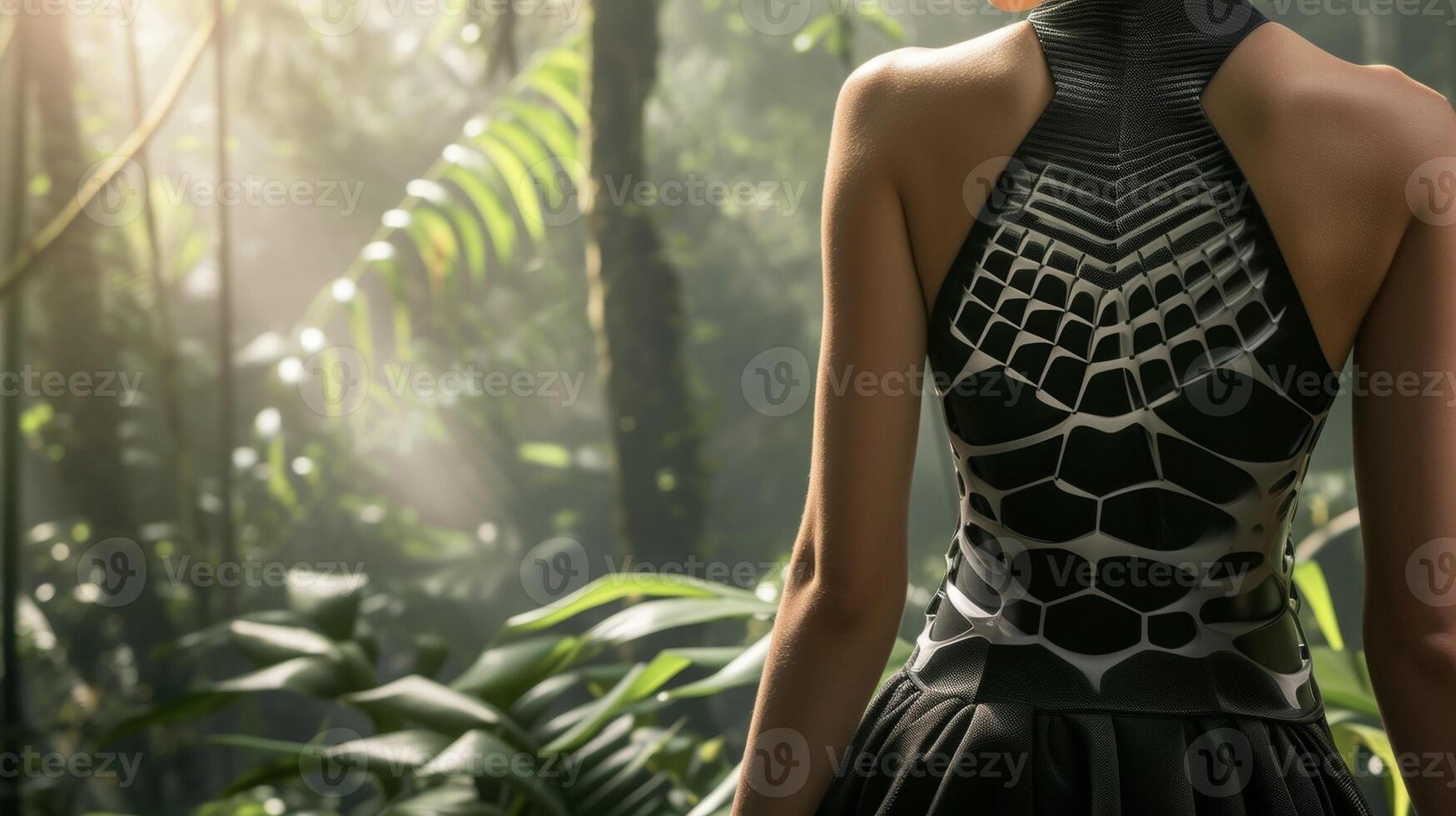 A sleek dress with 3D printed panels designed to adapt to different levels of humidity making it perfect for a day of outdoor exploration in a tropical rainforest photo