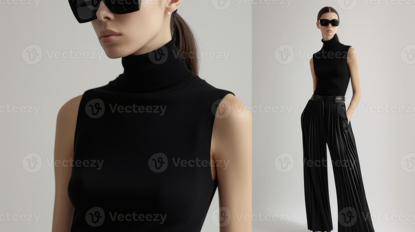 A black sleeveless turtleneck top tucked into highwaisted pleated trousers and finished with a pair of sleek black pumps. This sophisticated and refined outfit channels th photo