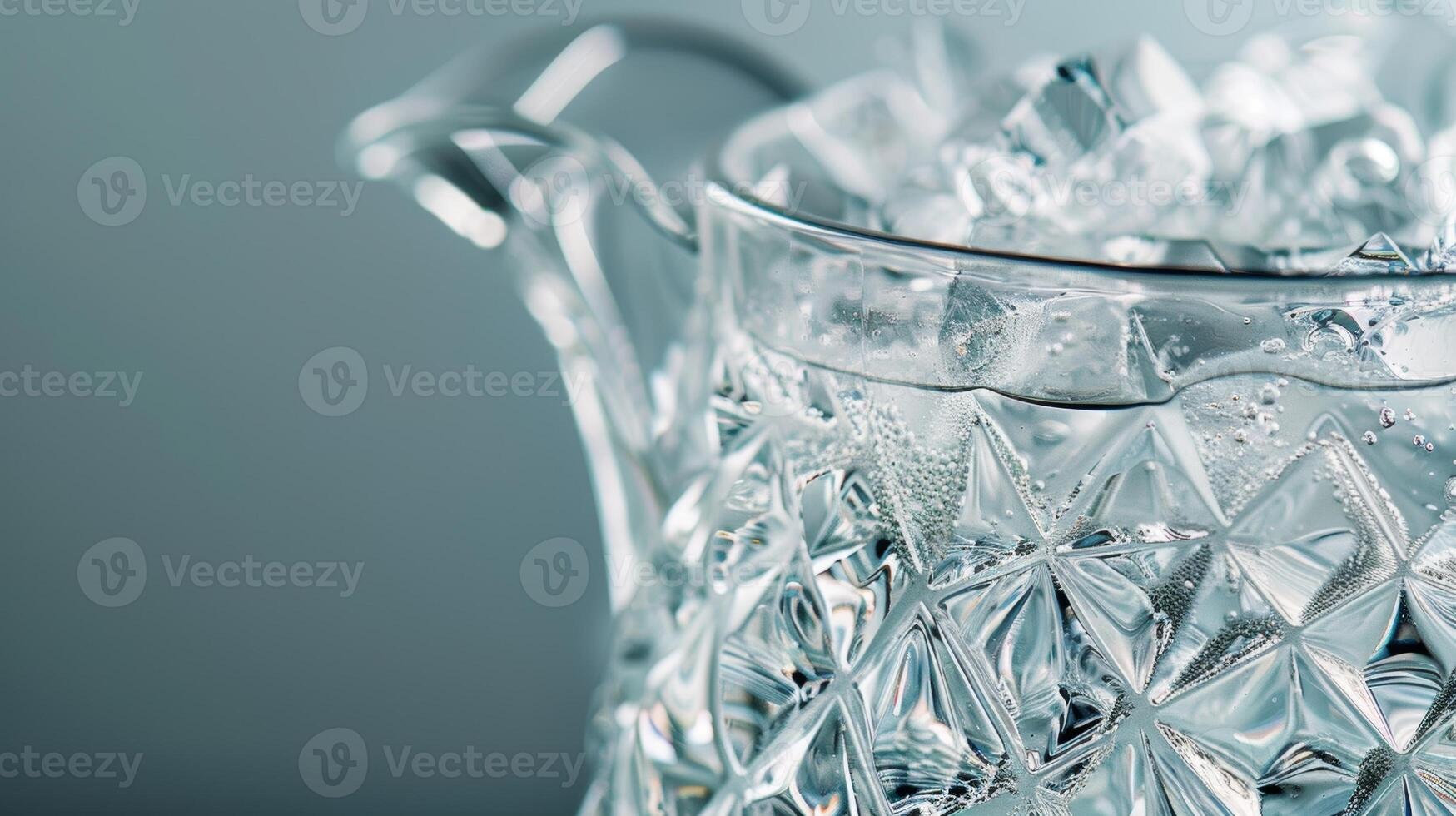 A modern glass pitcher filled with ice water adorned with a geometric pattern in subtle shades of grey photo
