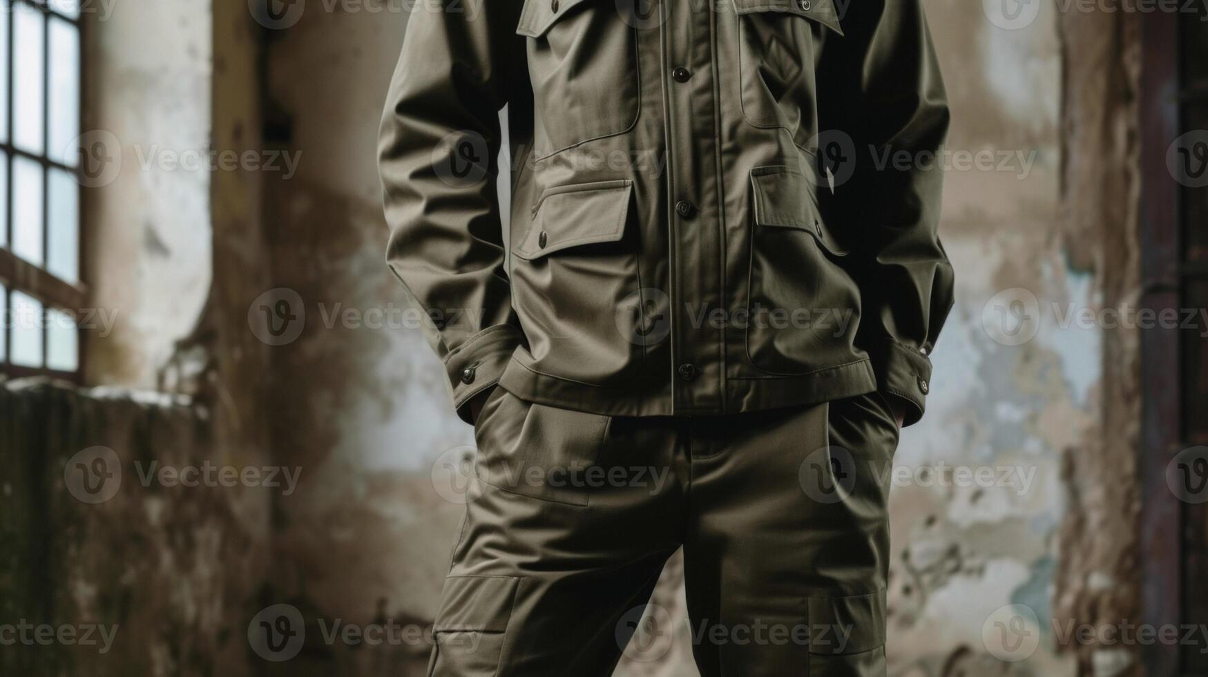 A powerful khaki jumpsuit with doubleed button detailing inspired by traditional military uniforms. The perfect look for a base camp training session photo