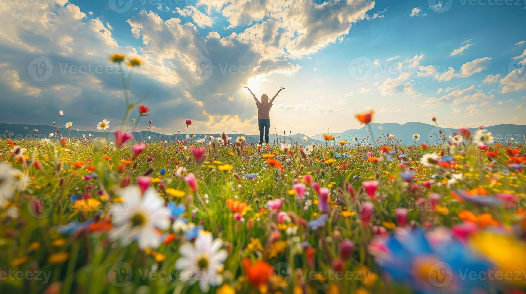 A person stands in a field of wildflowers arms raised to the sky as they practice deep breathing and let go of worries and distractions photo
