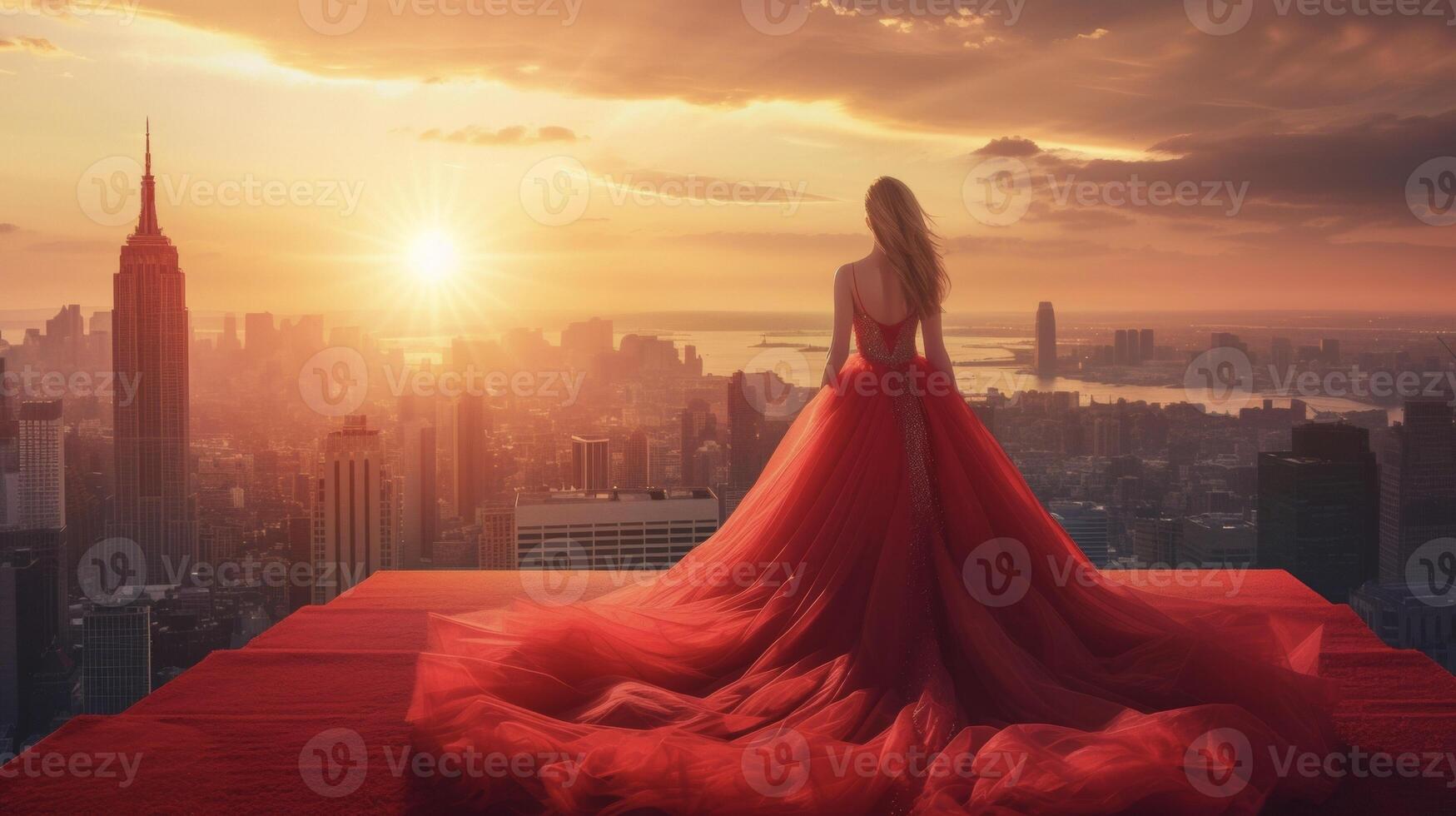 Background The sun sets over the city skyline creating a romantic and whimsical backdrop for your red carpet appearance in your playful and gl dress photo