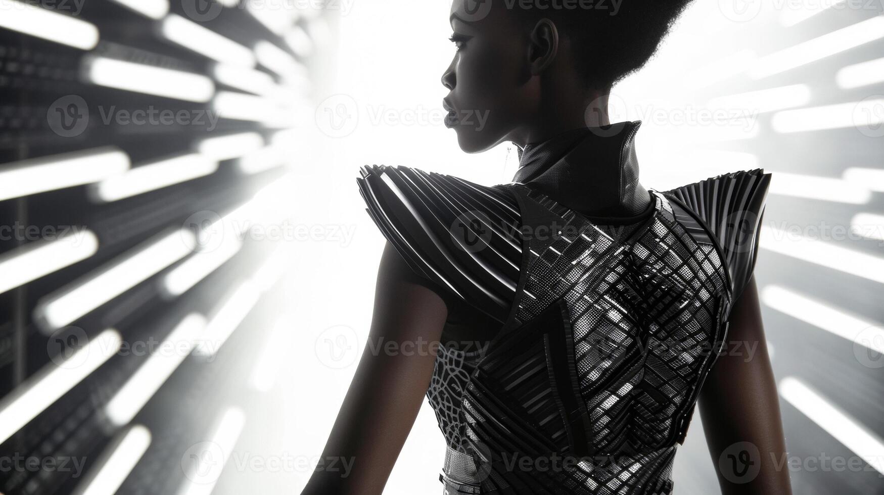 A fierce and empowering look featuring a 3D printed bodysuit with a metallic sheen and bold lines exuding strength and confidence through unconventional fashion photo