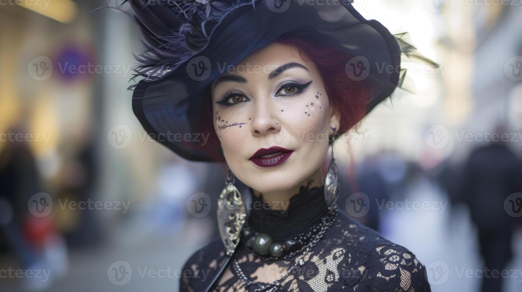 On the streets of the city a gothic fashionista turns heads in a black lace top vibrant red lipstick and a statement hat adorned with feathers photo