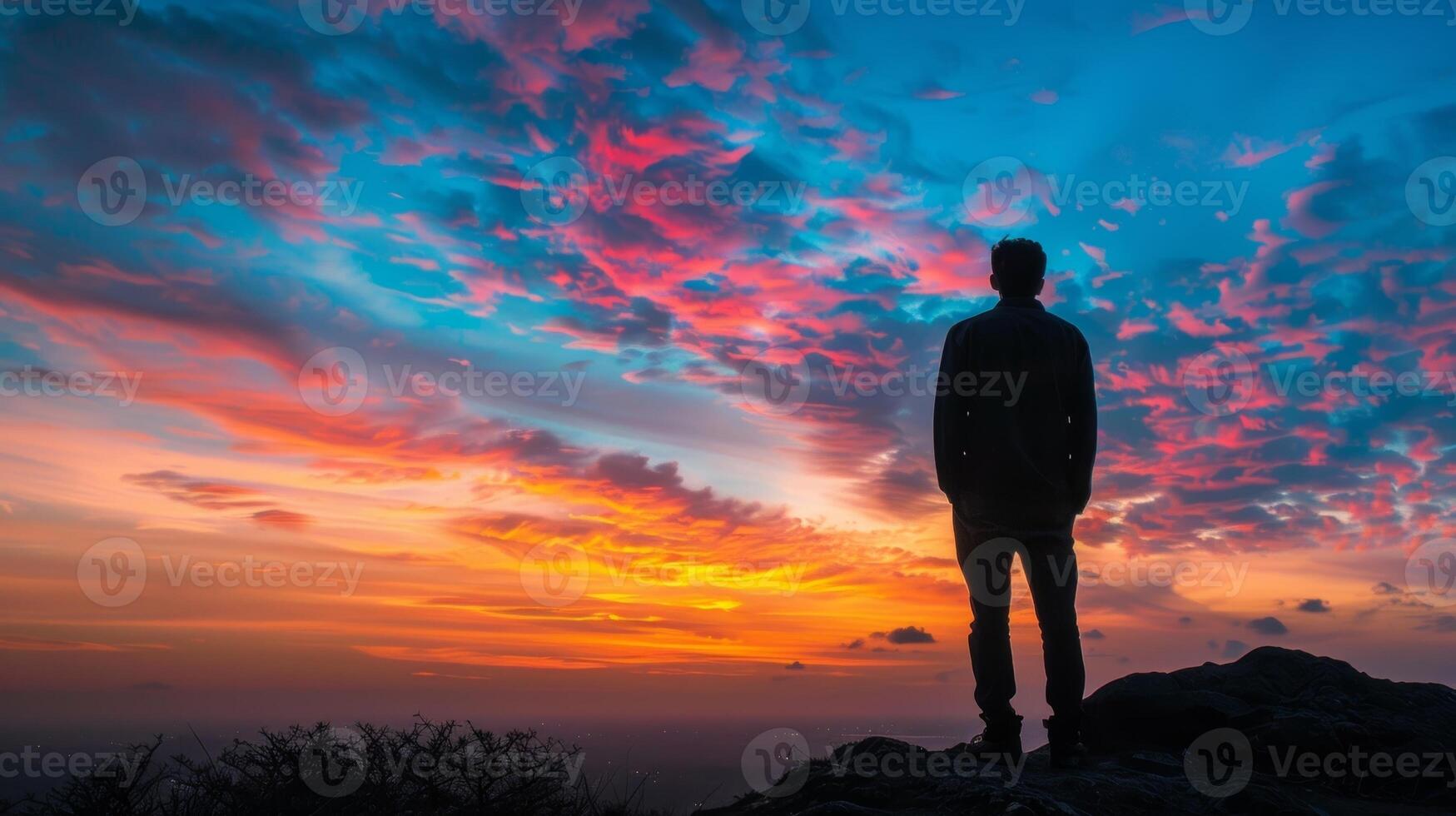 The shifting colors of the sky capture the mans attention reminding him to appreciate the everchanging beauty of nature photo