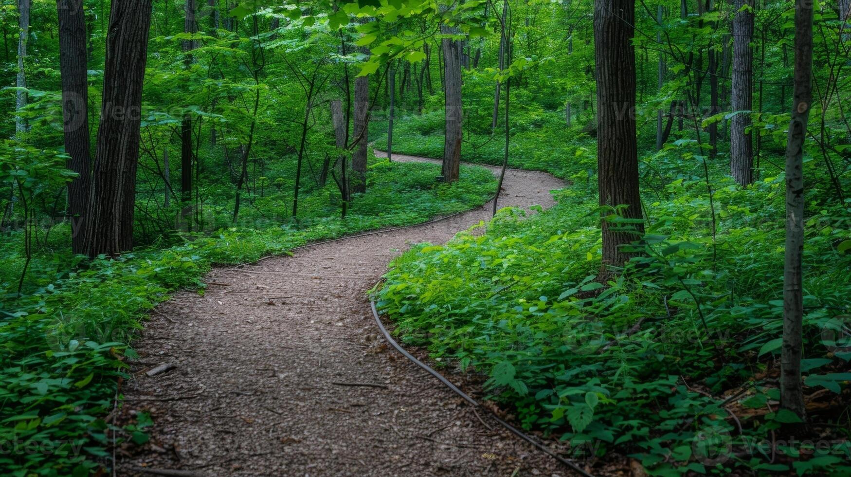 A winding path leads through a lush green forest. The sound of birds singing and leaves rustling in the gentle breeze fills the air photo