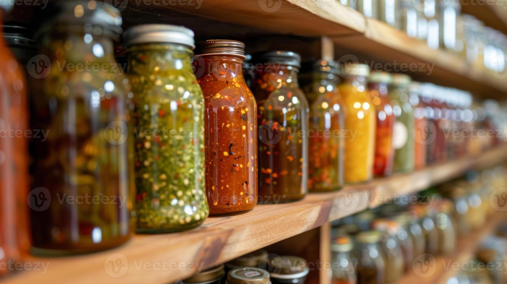 A pantry shelf stocked with an impressive collection of gourmet condiments including pesto harissa and smoked tomato ketchup photo