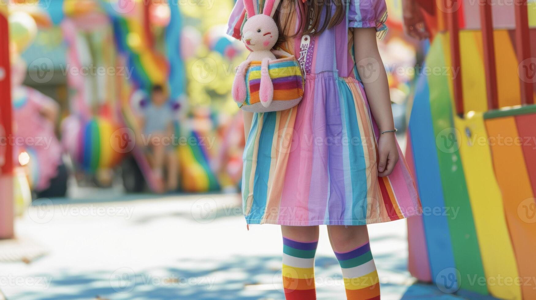 Show off your love for all things e and colorful with a rainbow striped dress featuring a bunnyshaped bag and rainbow kneehigh socks perfect for a day at a carnival photo