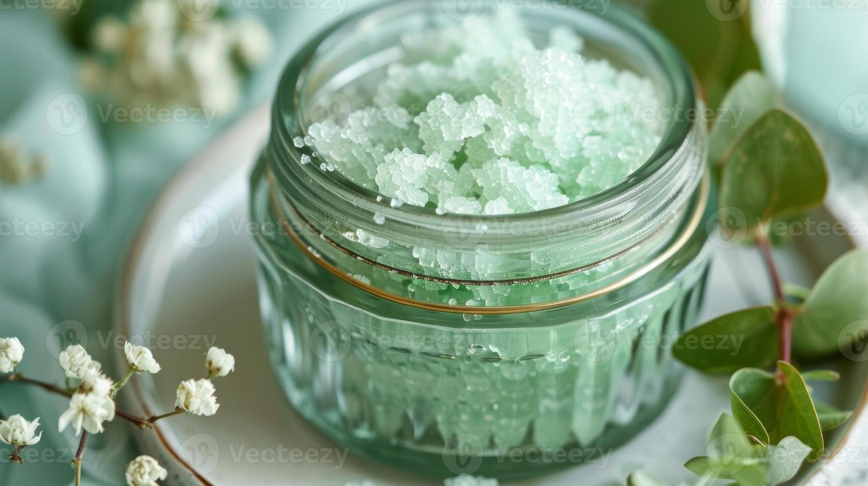 A vintage glass jar holds an exfoliating sugar scrub infused with invigorating peppermint and eucalyptus oils photo
