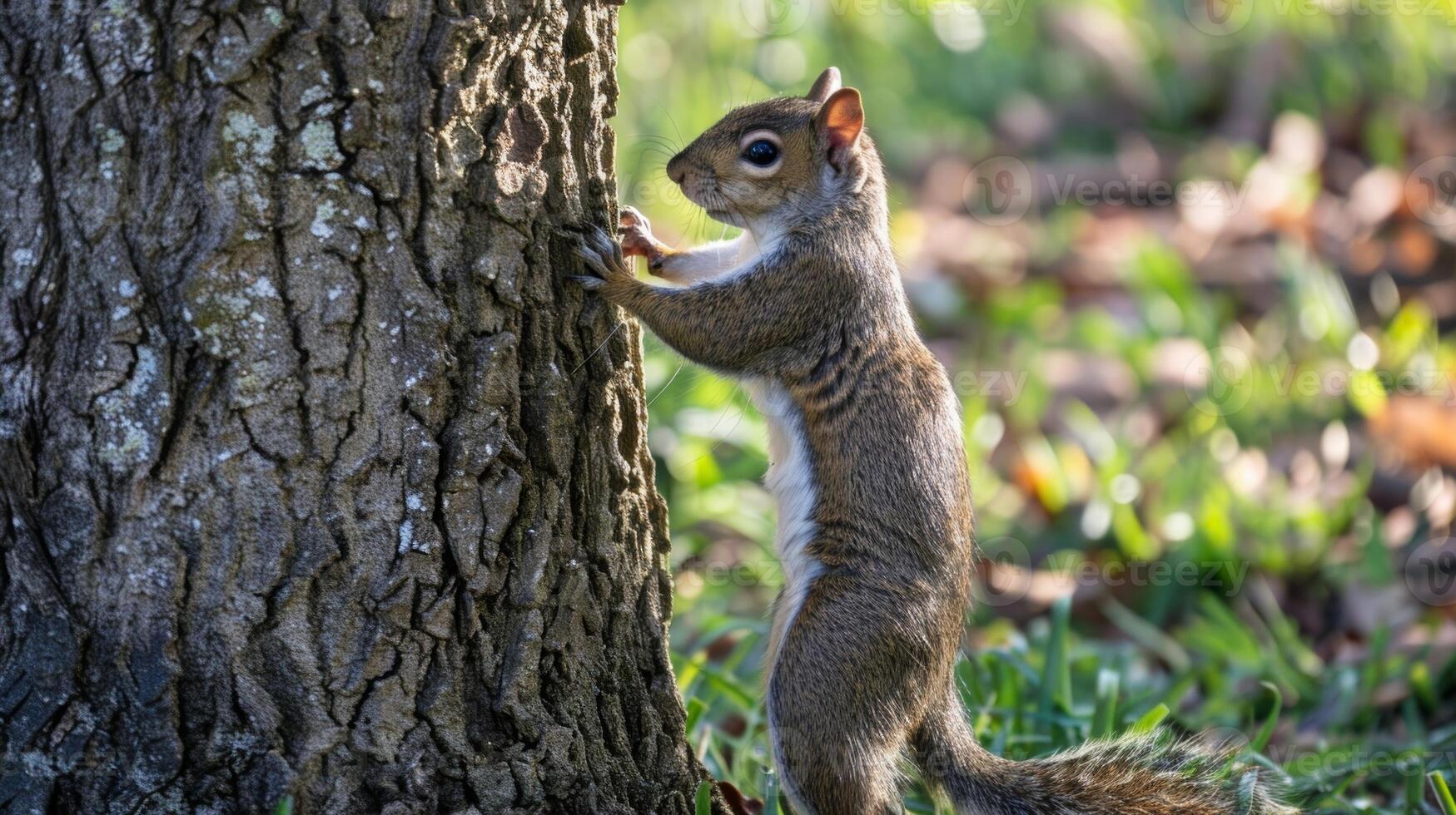 A squirrel scurries up a nearby tree drawing the mans attention and reminding him to fully appreciate the present moment photo