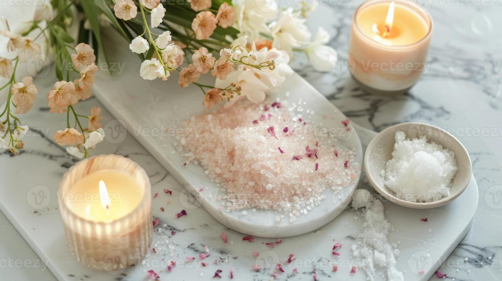 A gorgeous Instagramworthy flat lay features a marble tray filled with various bath products including shimmering bath salts a sugar scrub and a floralscented candle photo