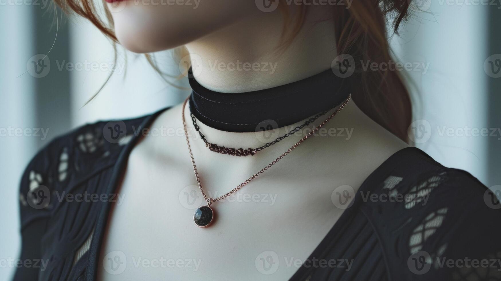 Playing with textures by layering a velvet choker with a delicate chain featuring a druzy stone pendant photo
