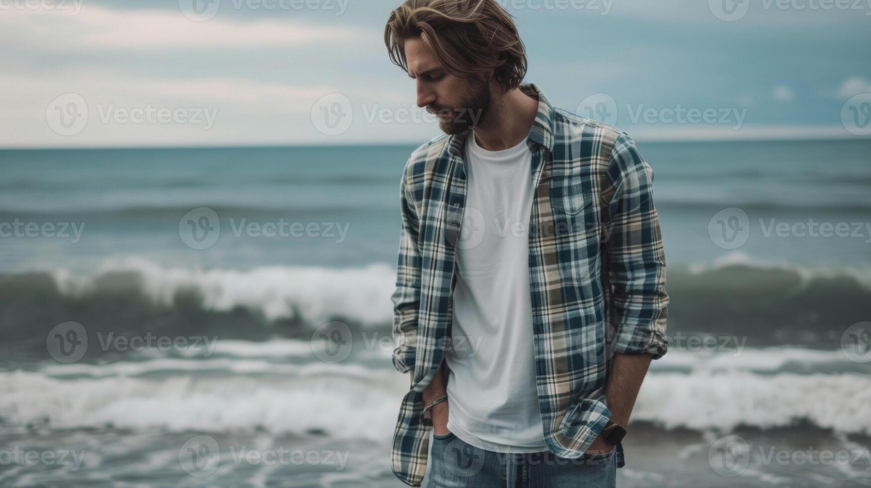 A casual and comfortable look featuring a plaid shirt layered over a tshirt and styled with distressed denim and sneakers. The beach and crashing waves in the background ad photo