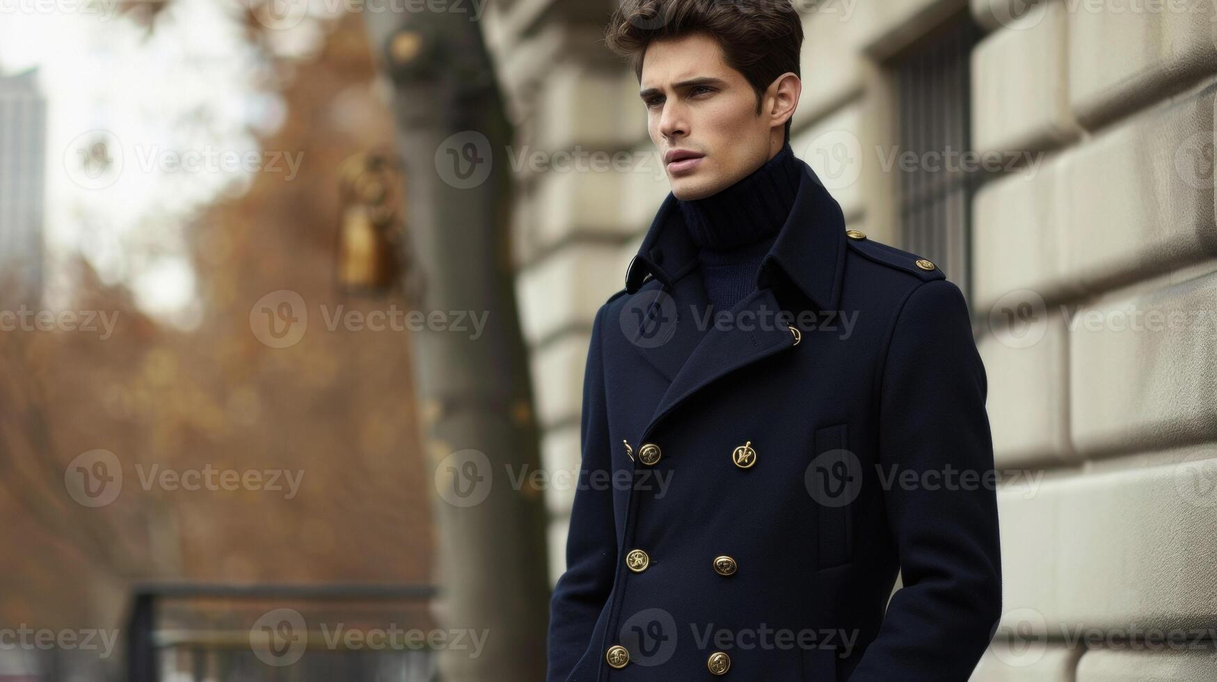 A navy blue peacoat with gold anchor buttons and structured sailor collar giving off a nauticalinspired military feel. Ideal for a seaside inspection ceremony photo