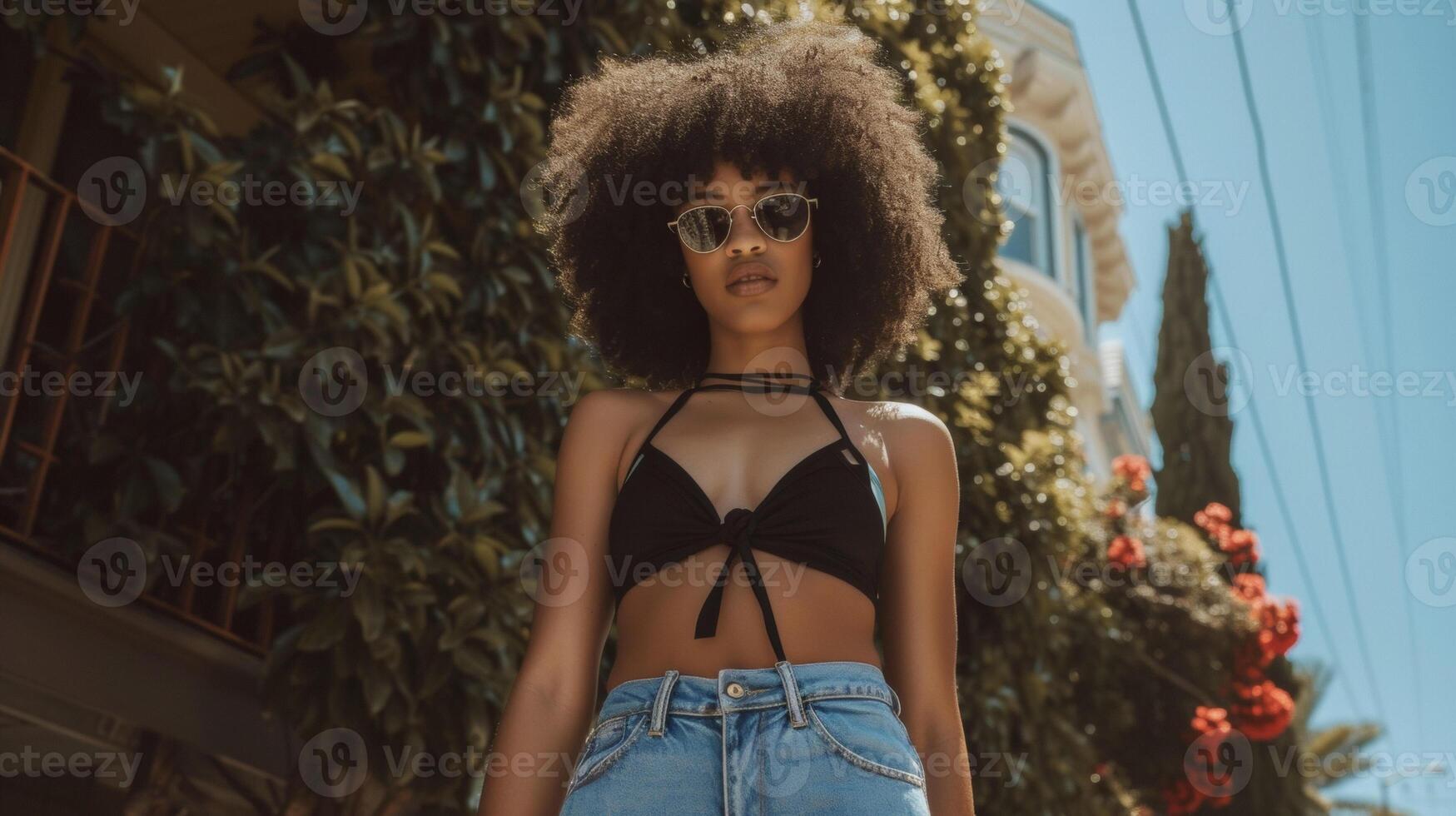 Channel retro vibes with a pair of highwaisted denim bermuda shorts a tiefront crop top and platform sandals. Perfect for a day of vintage shopping and exploring in a trend photo