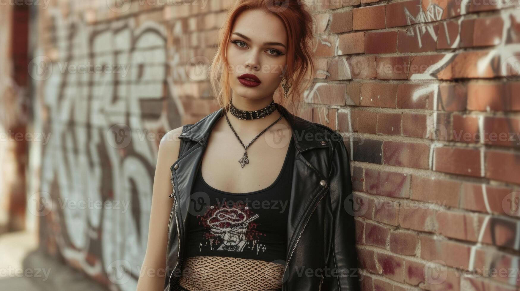 Make a statement with a bold graphic tank top ripped fishnet stockings and a leather mini skirt. Finish off this punk look with a leather jacket and a sharp cateye liner fo photo