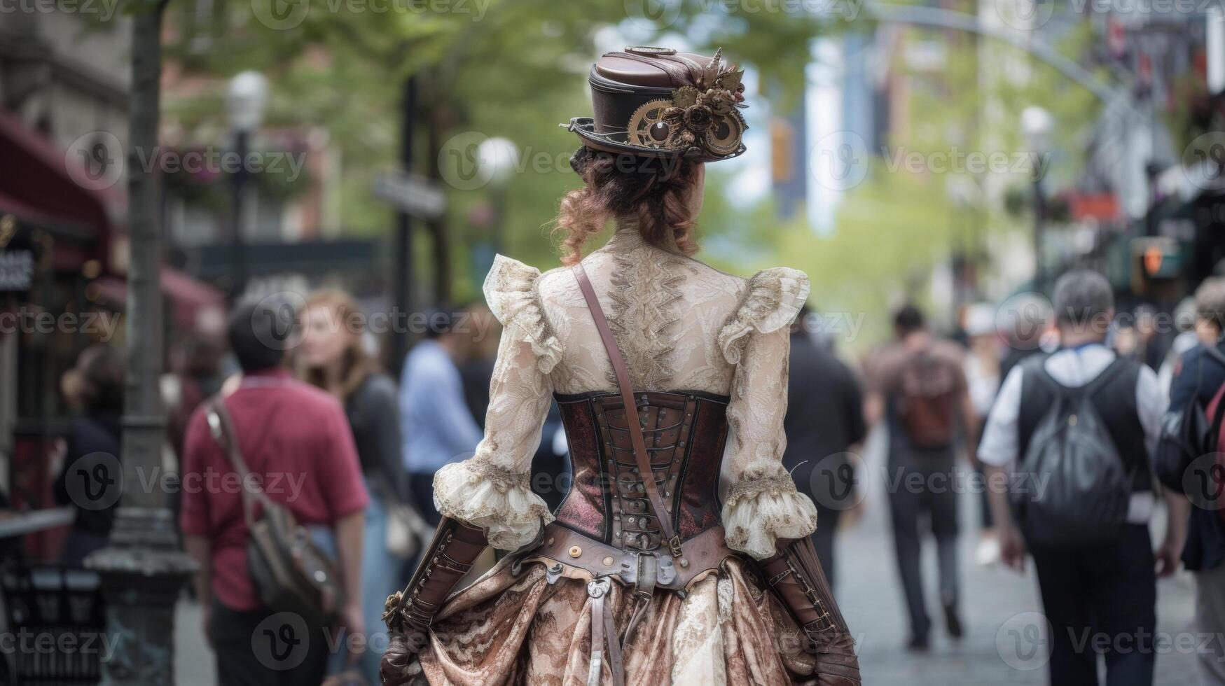 A Victorian lady strolls through the city streets in a voluminous lace and silk dress paired with a leather corset and bronze cogshaped accessories photo