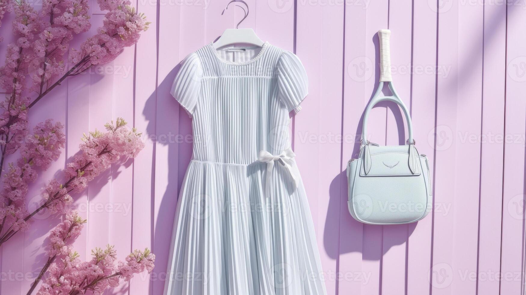 A flirty and feminine outfit featuring a pleated tennis dress in a playful pastel color and accessorized with a racketshaped handbag. Ideal for a day spent watching matche photo