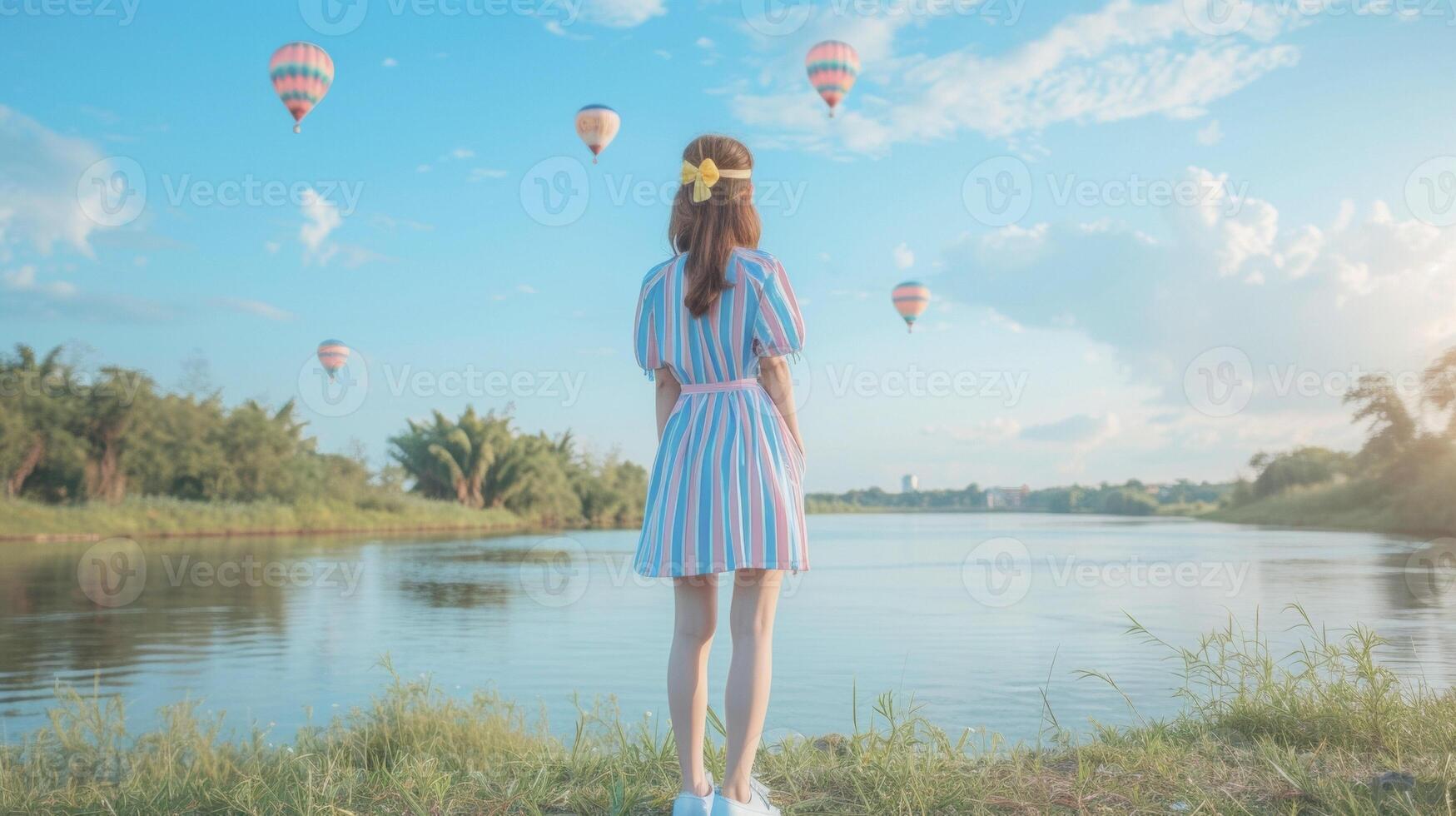 A pastel blue and pink striped buttondown shirt dress paired with white sneakers and a pastel yellow headband. The background is a peaceful riverbank with pastel colored ho photo