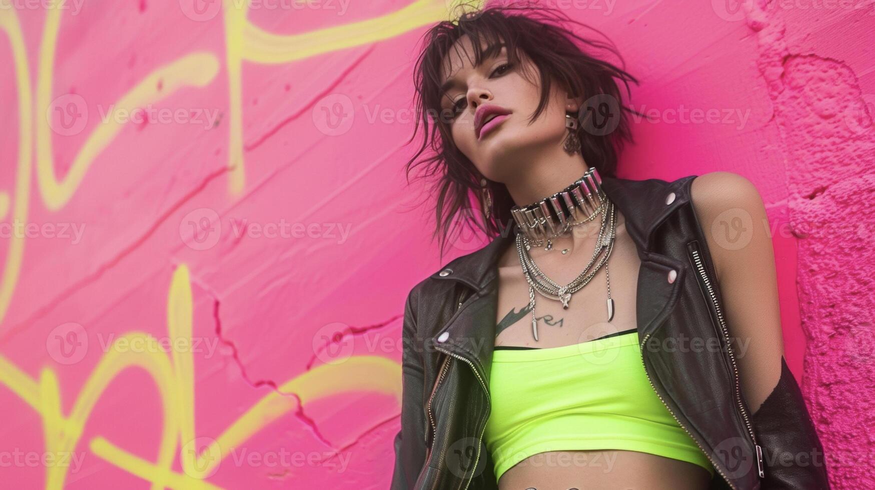 Incorporate pops of neon into your punk style with a bright crop top ripped denim shorts and a leather jacket. Add some statement jewelry like a spiked bracelet or choke photo