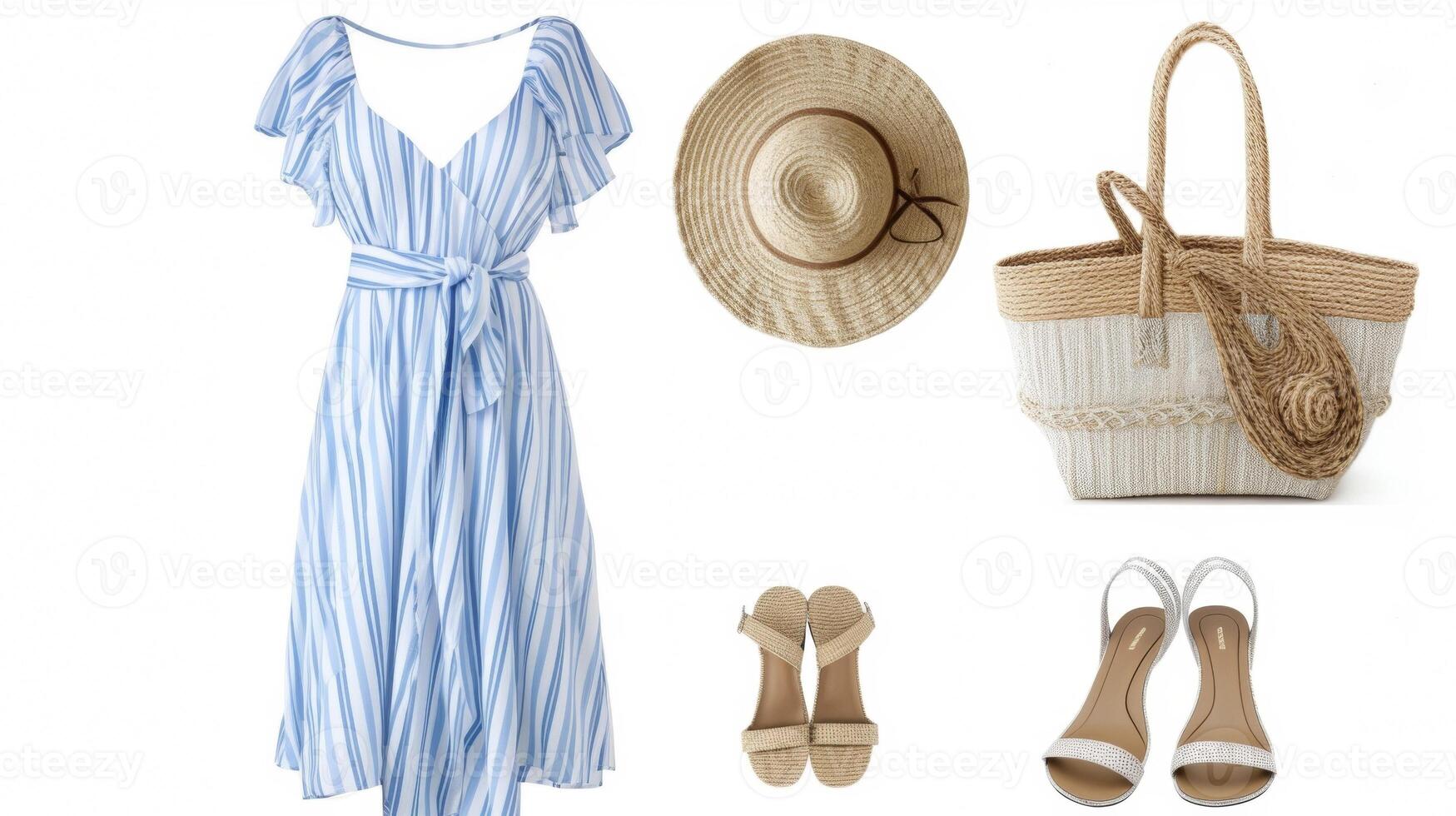 A chic and versatile wrap dress in a soft blue and white stripe paired with espadrille wedges and a woven tote perfect for sipping bubbly at a seaside Mediterranean restaurant photo