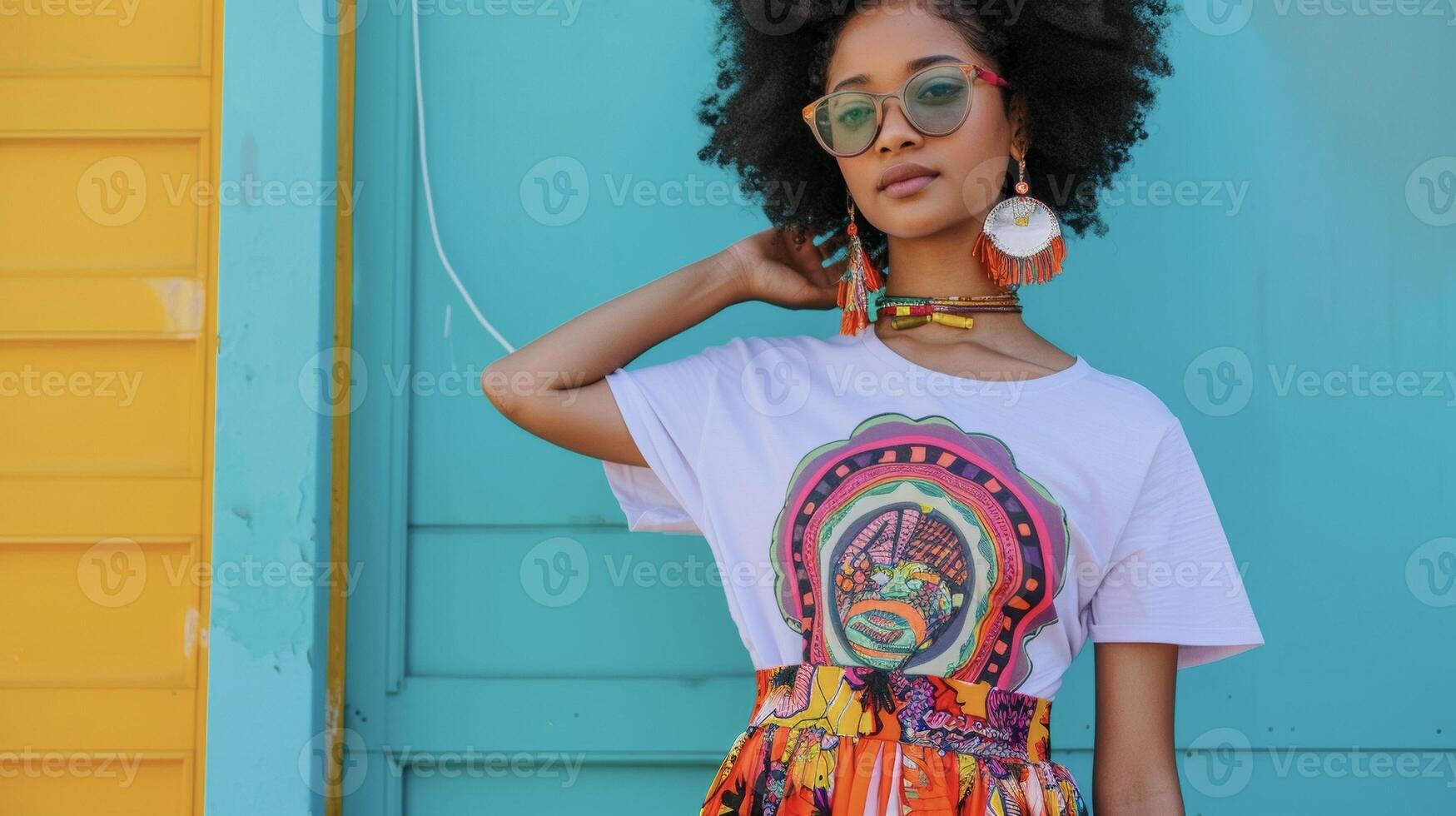 A playful and quirky look with a graphic tshirt featuring a fun slogan paired with a colorful midi skirt and statement earrings photo