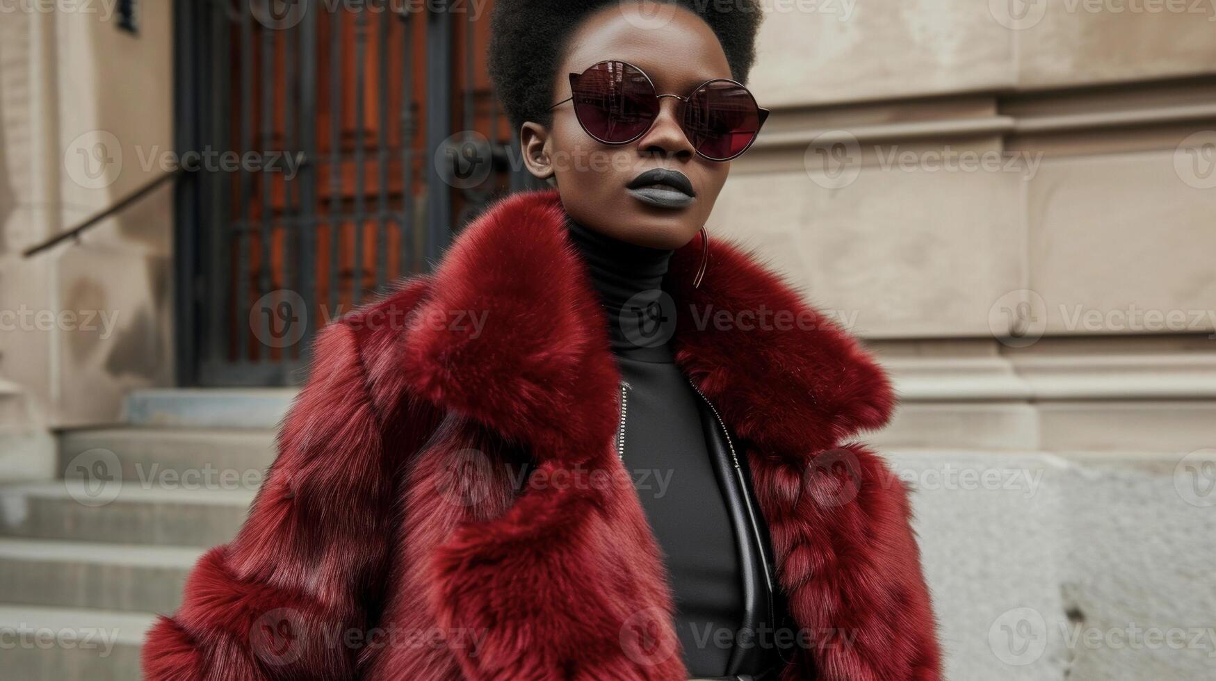 A showstopping burgundy faux fur coat paired with a simple black turtleneck and leather pants drawing attention with its rich color and texture photo