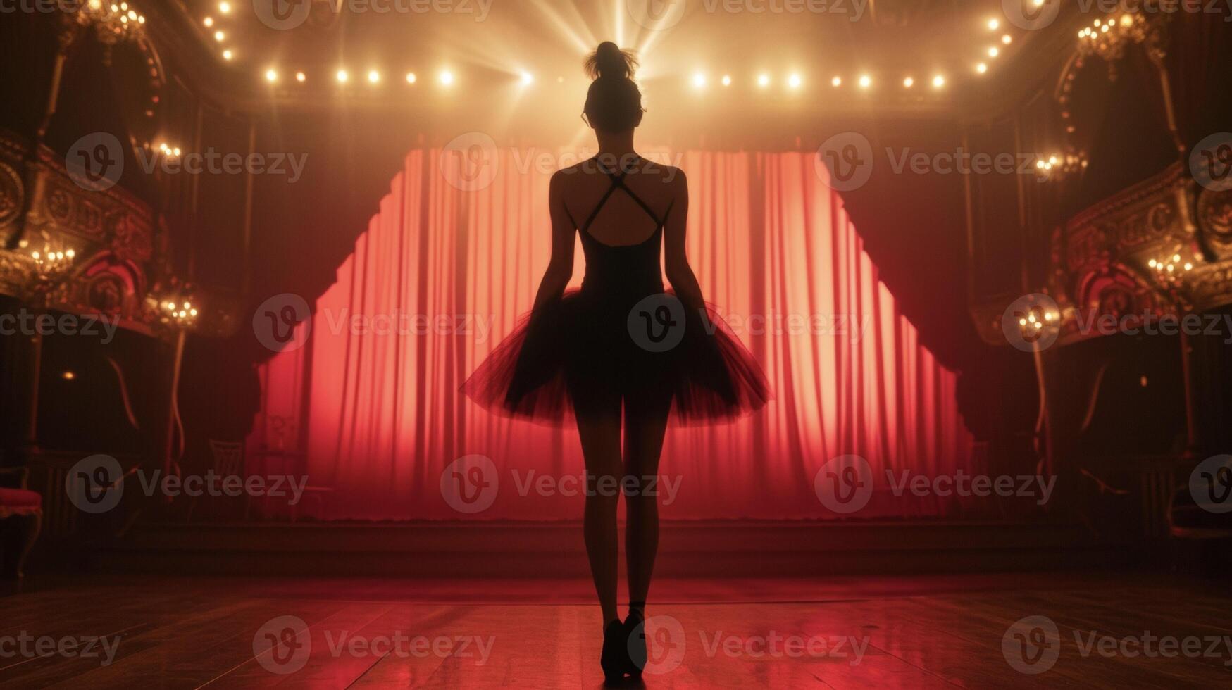 This classic look features a fitted black leotard paired with a highwaisted tulle skirt and spy heels. The background is a grand stage with red velvet curtains and bright stag photo