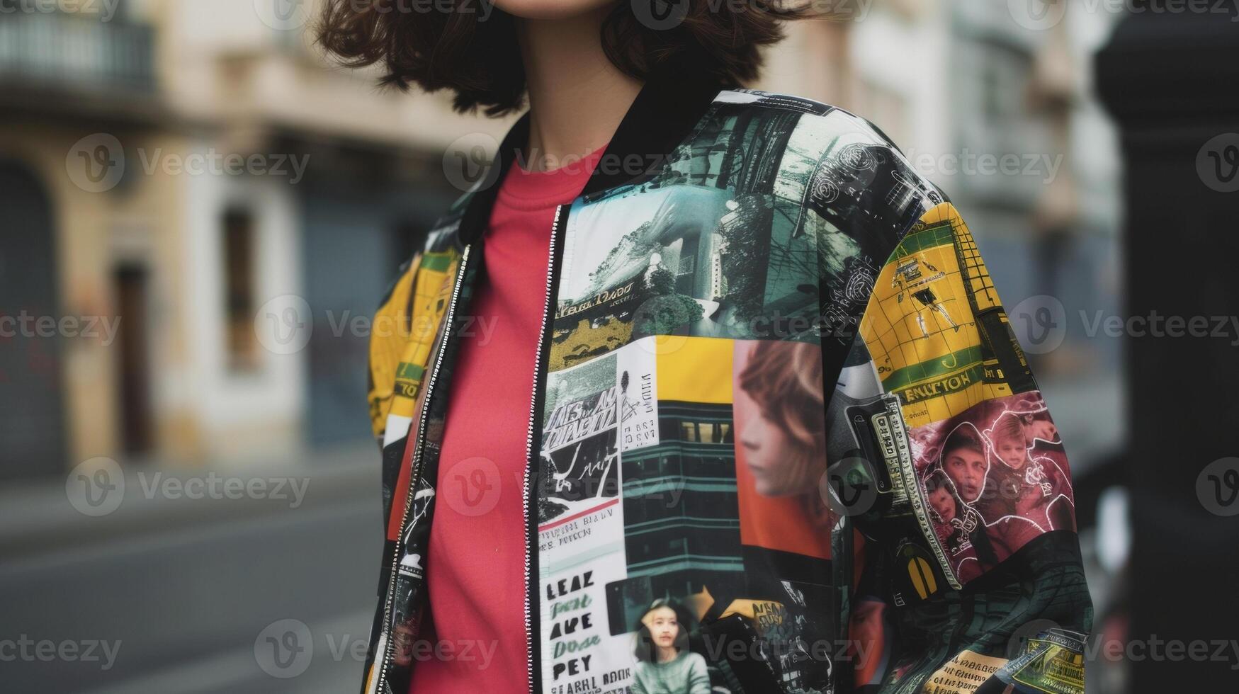 A 3D printed bomber jacket with a personalized collage design featuring the wearers favorite memories. This nostalgic look is perfect for a day of exploring a vibrant eclecti photo