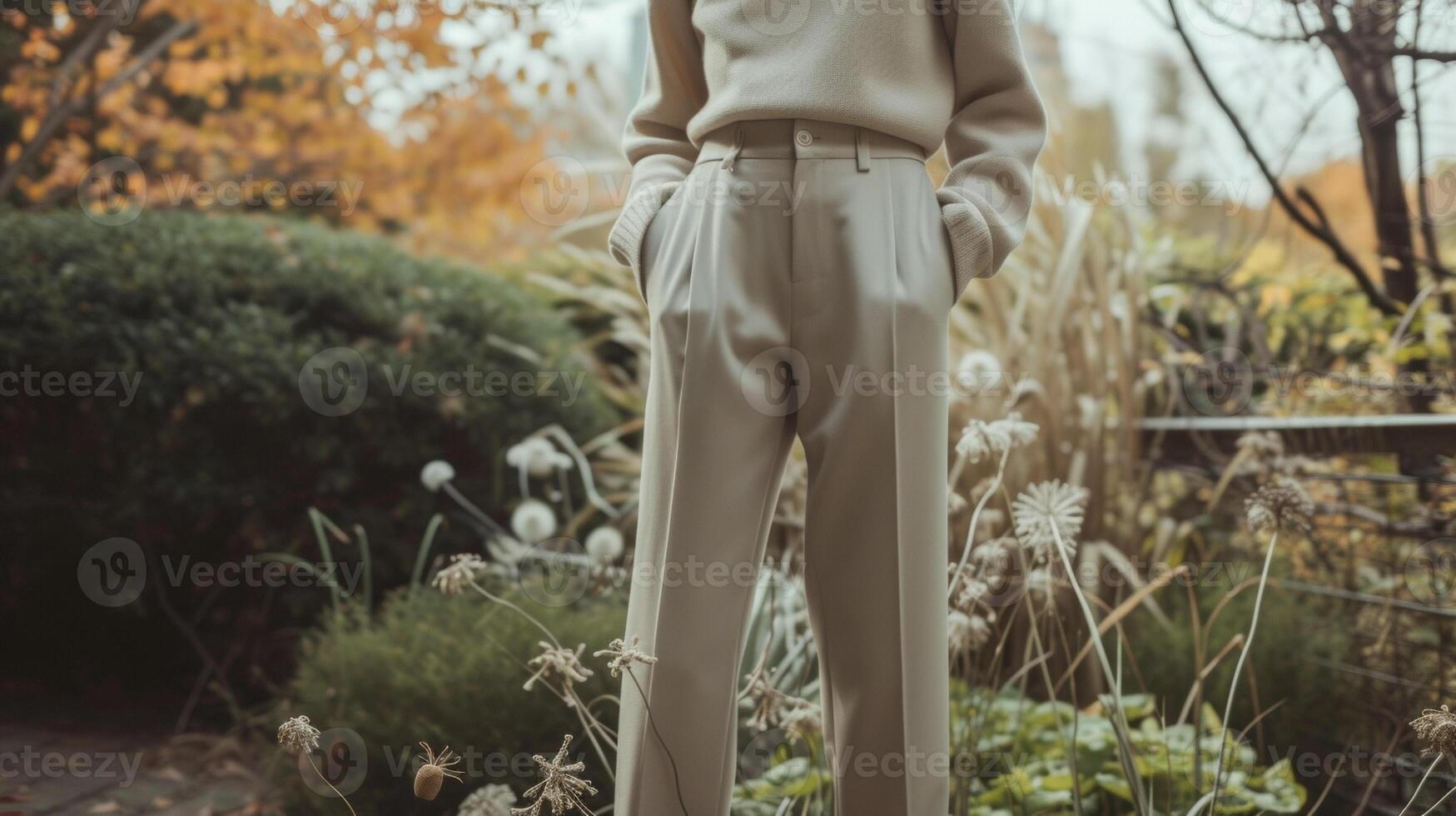 A simple turtleneck sweater paired with highwaisted trousers and loafers showcasing the simplicity and versatility of genderfluid fashion. Background A peaceful garden representin photo